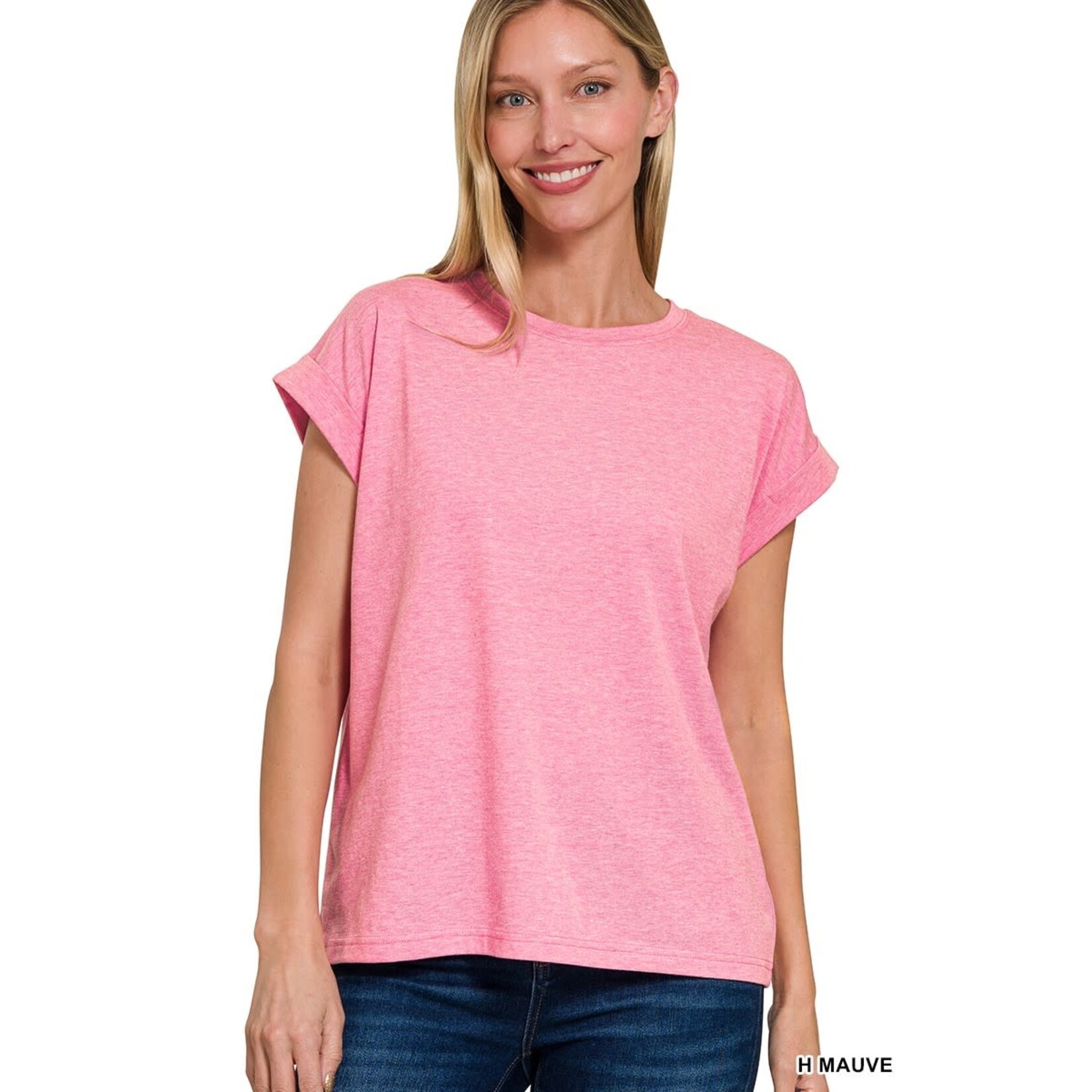 Zenana Zenana Folded Sleeve T-Shirt Heather Mauve