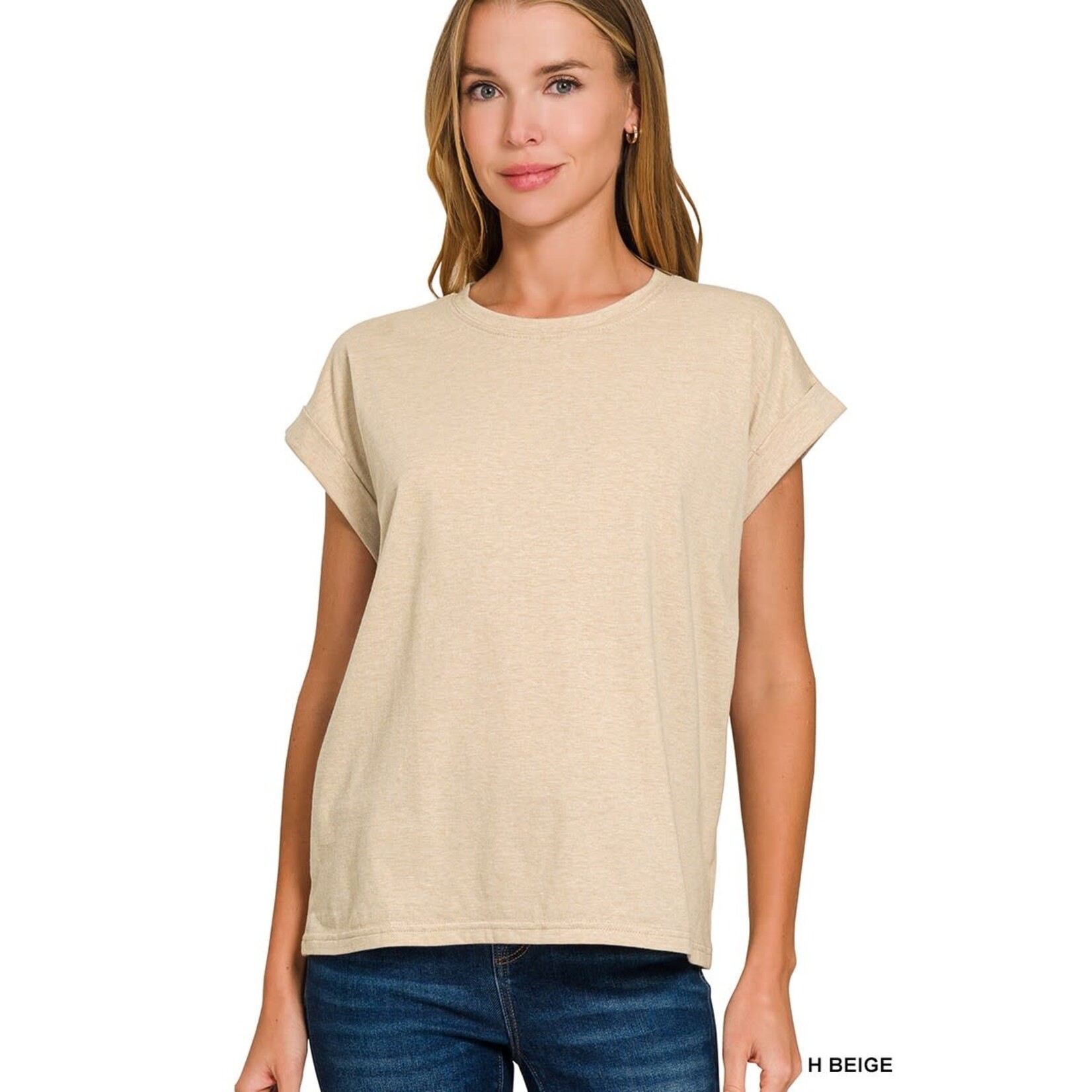 Zenana Zenana Folded Sleeve T-Shirt Heather Beige
