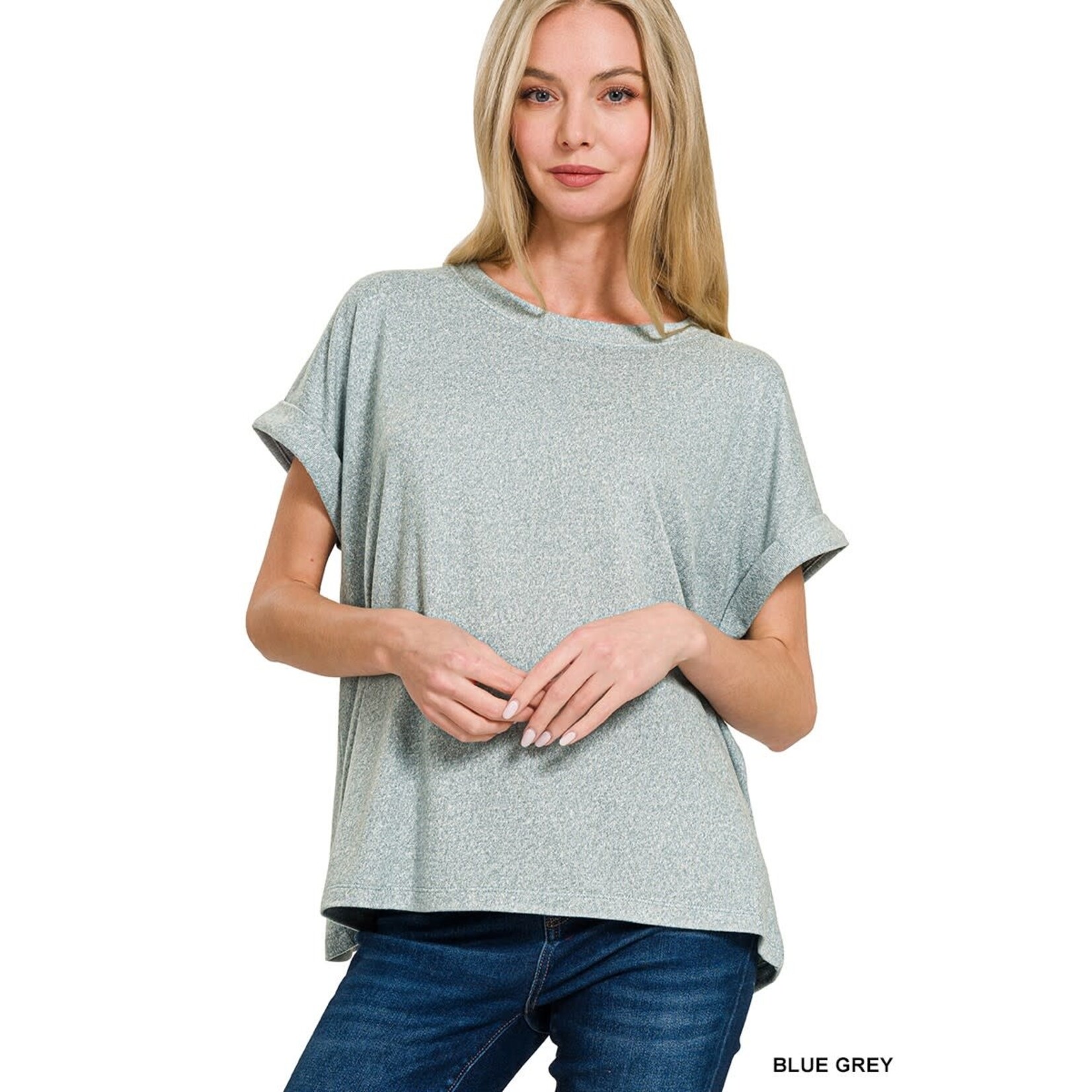 Zenana Zenana Soft Melange Hacci Short Sleeve Top Blue Grey