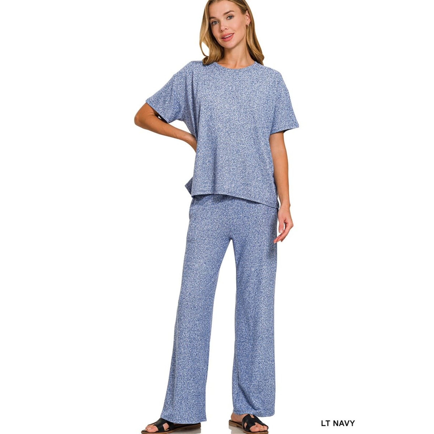 Zenana Zenana Soft Melange Short Sleeve/Pant Set Light Navy
