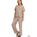 Zenana Zenana Soft Melange Short Sleeve/Pant Set Brown
