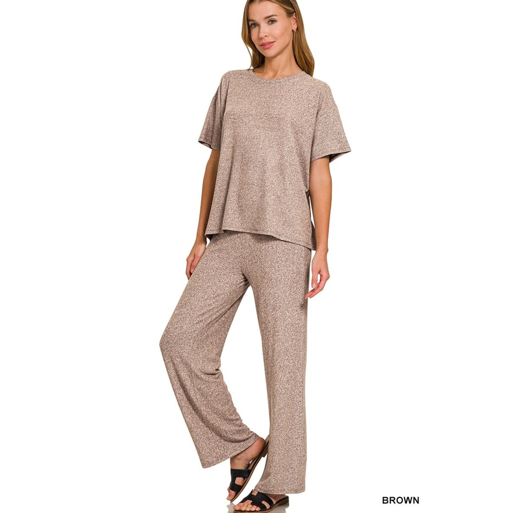 Zenana Zenana Soft Melange Short Sleeve/Pant Set Brown