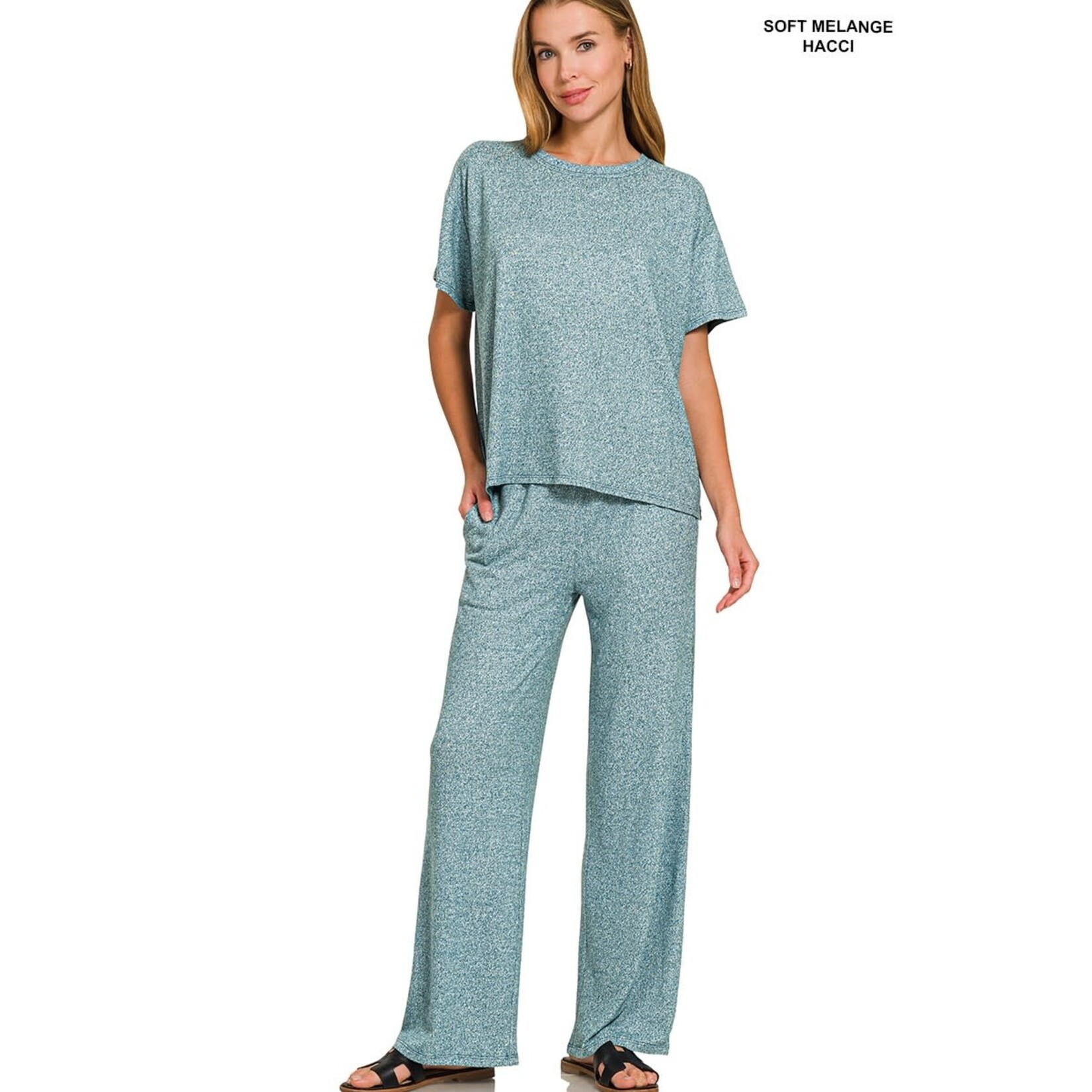 Zenana Zenana Soft Melange Short Sleeve/Pant Set Teal