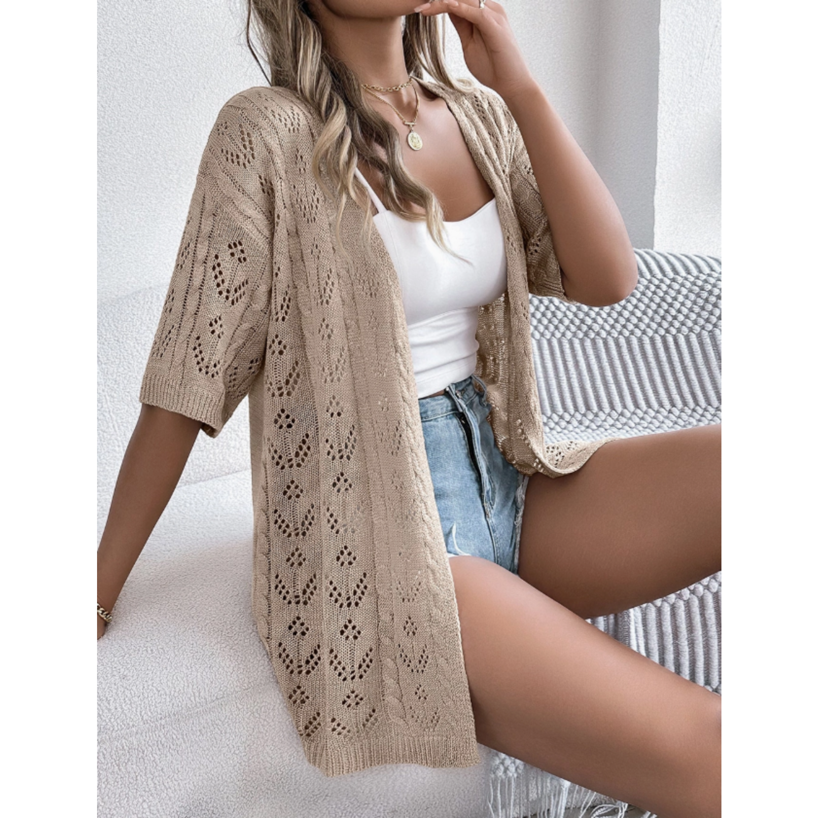Lovesoft Lovesoft Cut Out Short Sleeve Knitted Cardigan Khaki