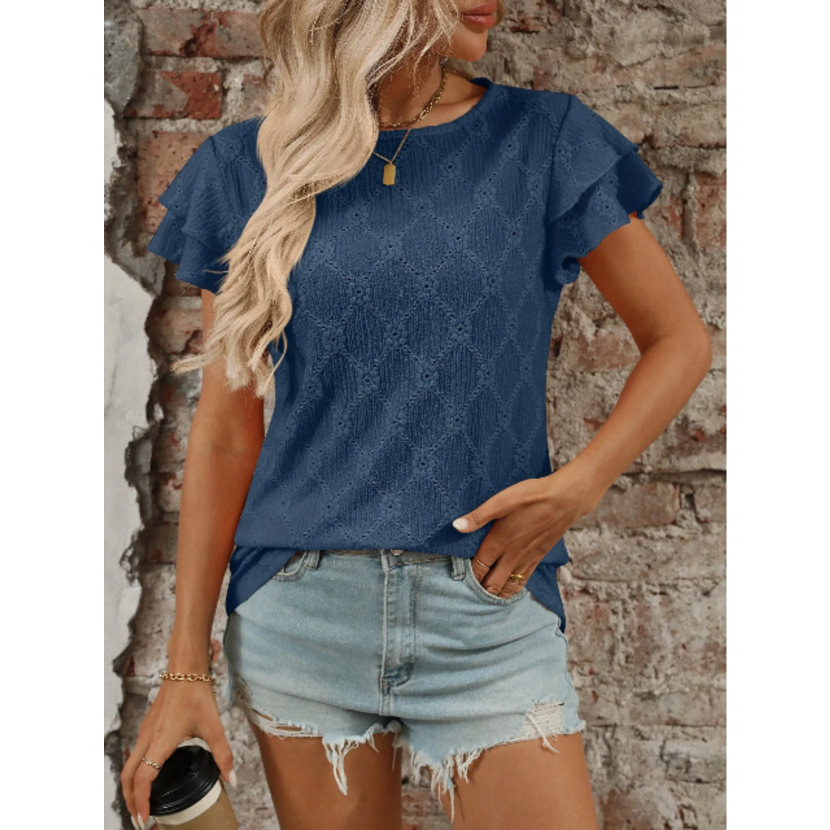 Lovesoft Lovesoft Eyelet Short Sleeve Ruffle Blouse Dark Blue
