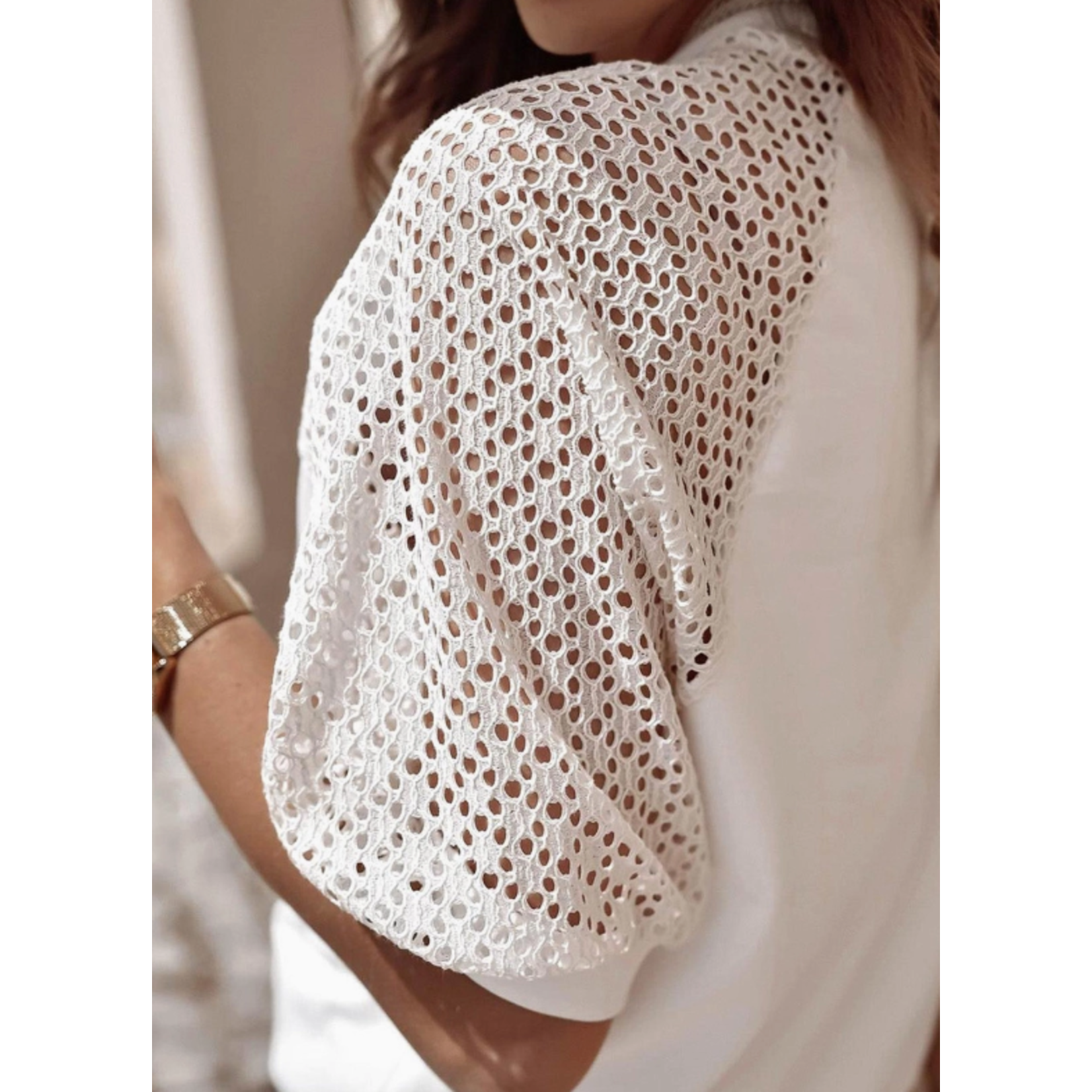 Lovesoft Lovesoft Pointelle Lace Half Sleeve Crewneck Top White