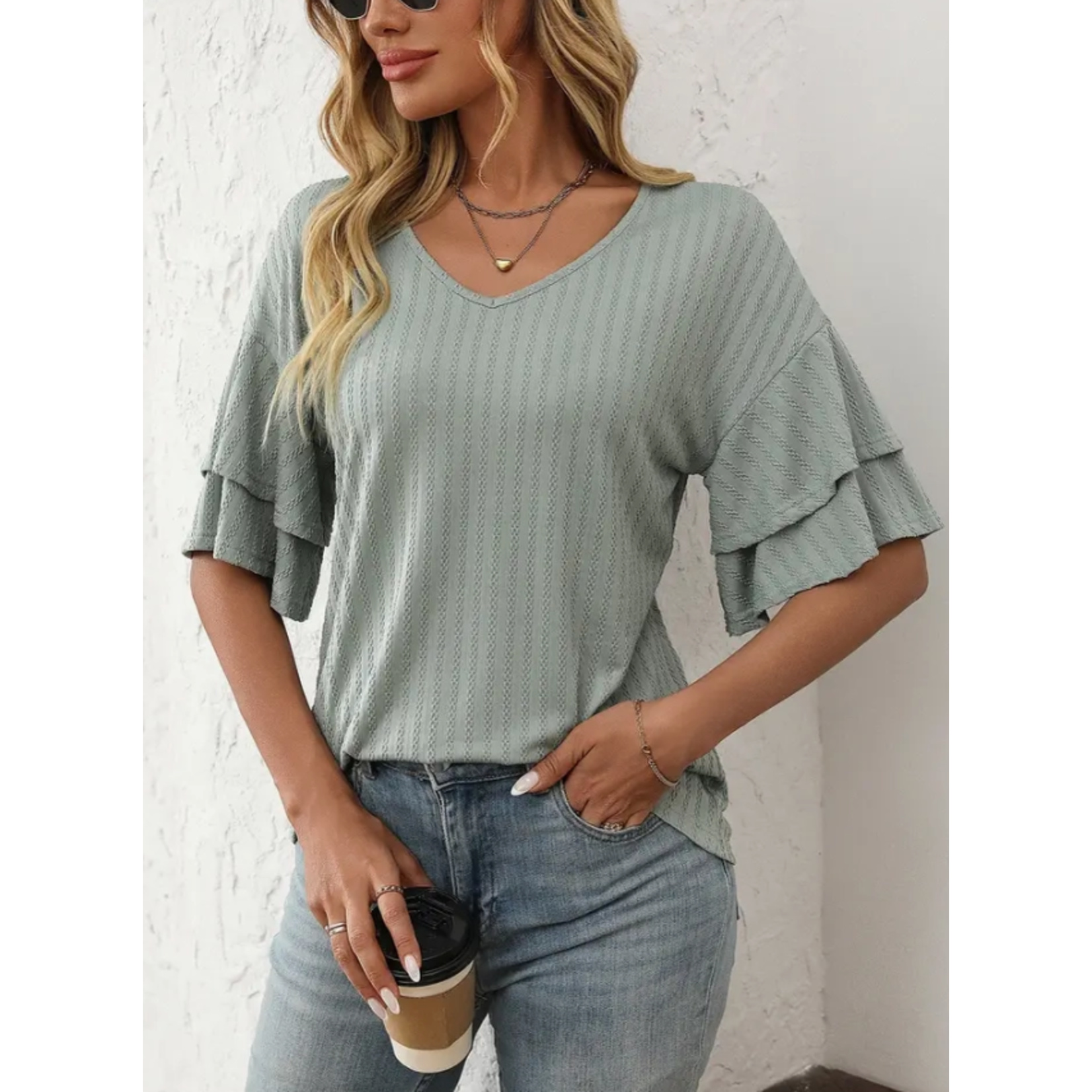 Lovesoft Lovesoft V-Neck Ruffle Sleeve Short Sleeve Top Bean Green