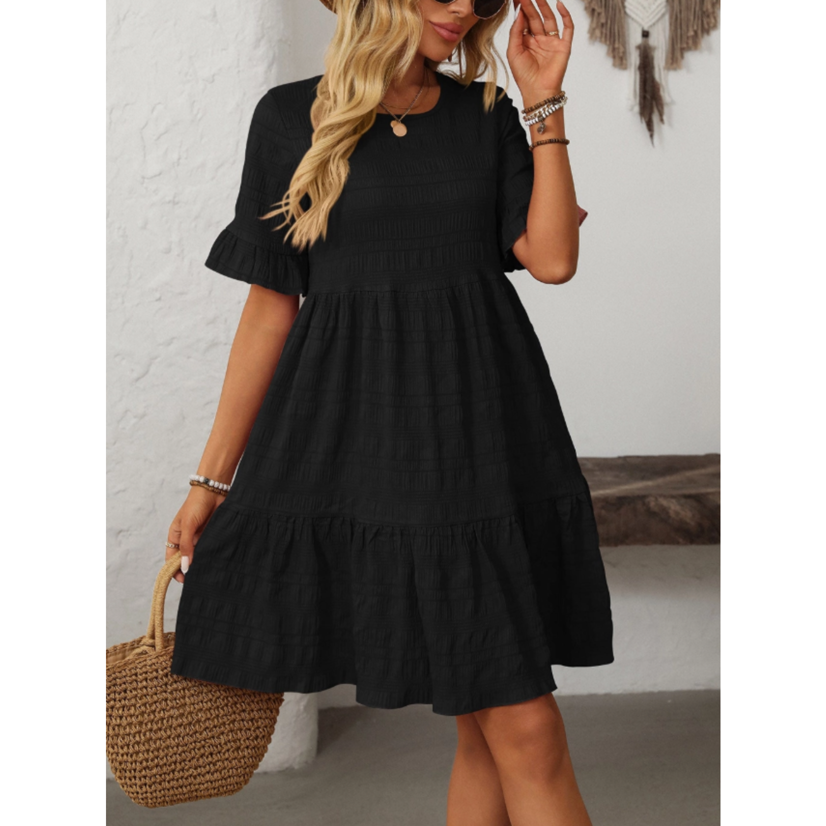 Lovesoft Lovesoft Ruffle Sleeve A Line Tiered Mini Dress Black