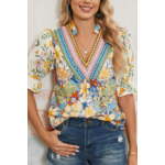 Lovesoft Lovesoft Multicolor Crochet V-Neck Half Sleeve Boho Floral Top