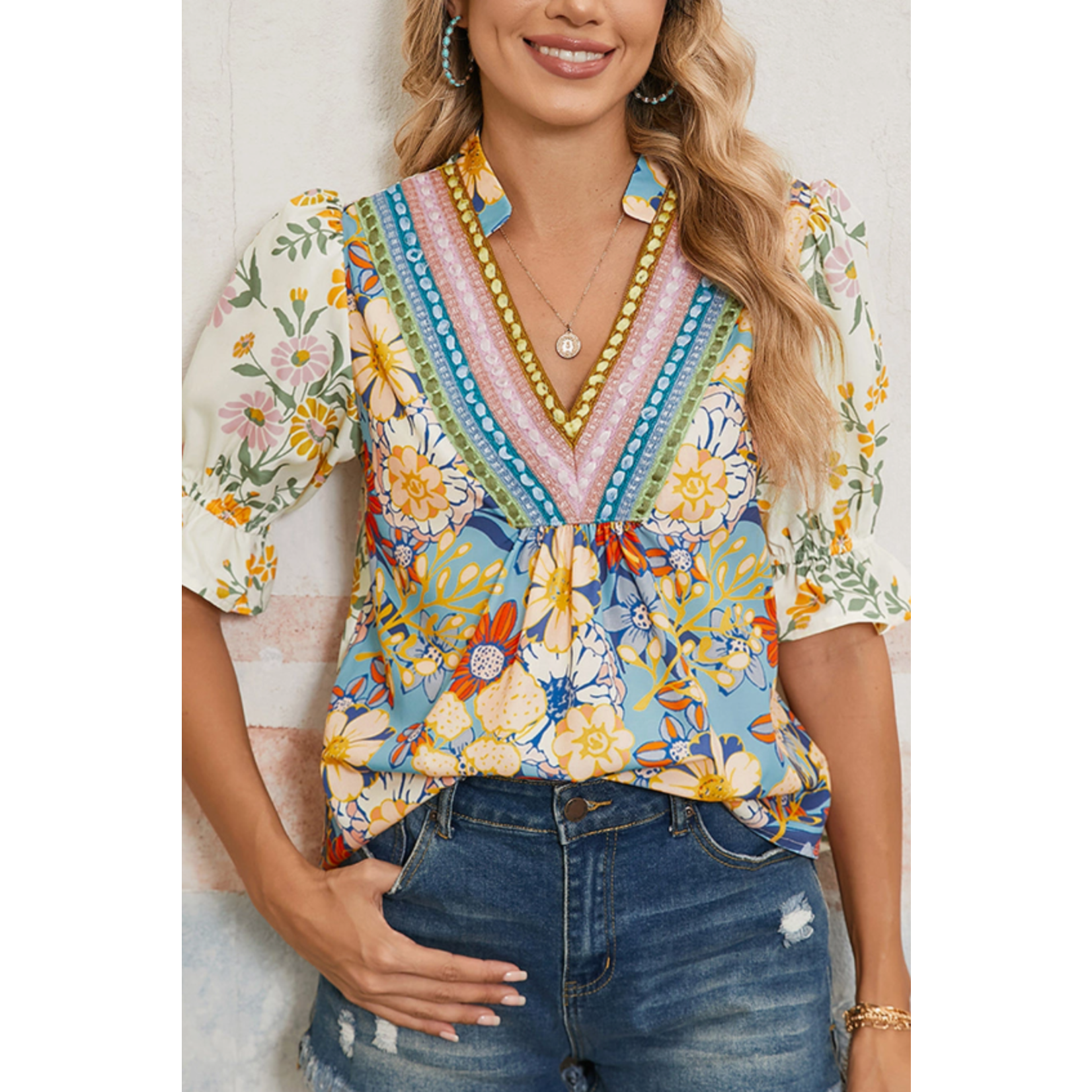 Lovesoft Lovesoft Multicolor Crochet V-Neck Half Sleeve Boho Floral Top