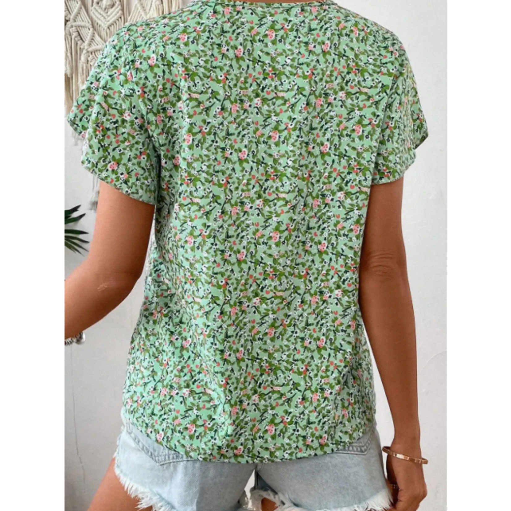 Lovesoft Lovesoft Green Boho Floral V-Neck Short Sleeve Top Green