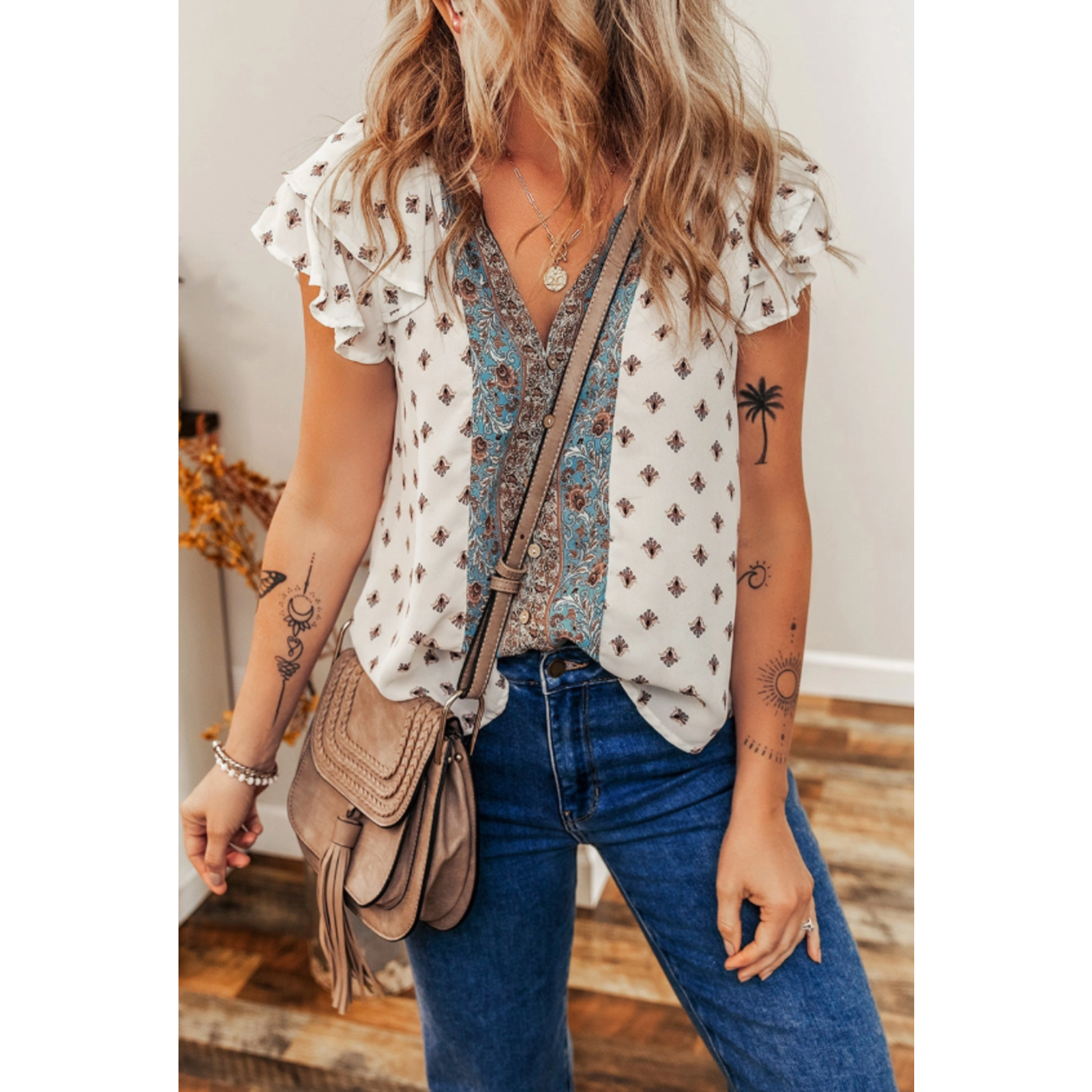 Lovesoft Lovesoft Boho Pattern Tiered Ruffel Sleeve V-Neck Top White