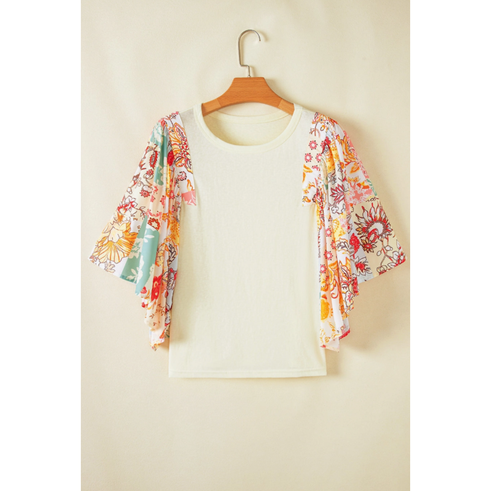 Lovesoft Lovesoft Floral Patchwork Half Sleeve Top Beige
