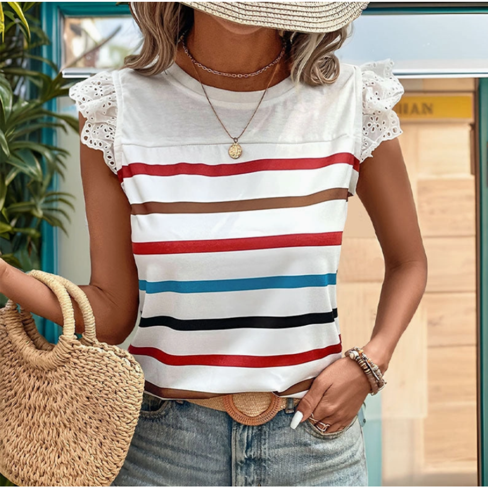 Lovesoft Lovesoft Striped Short Sleeve Tee with Lace Detailing White