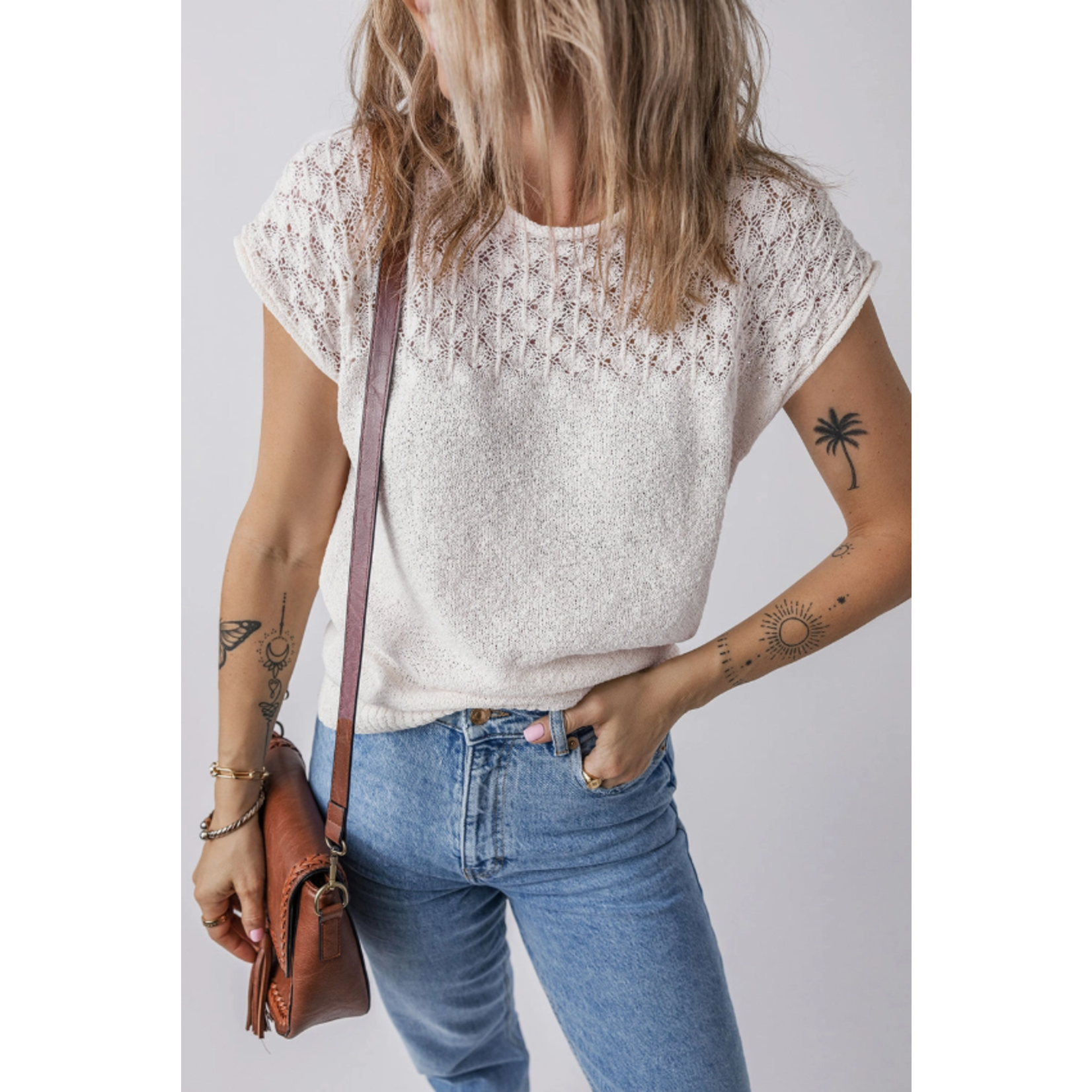 Lovesoft Lovesoft Eyelet Knit Tied Back Short Sleeve Top White