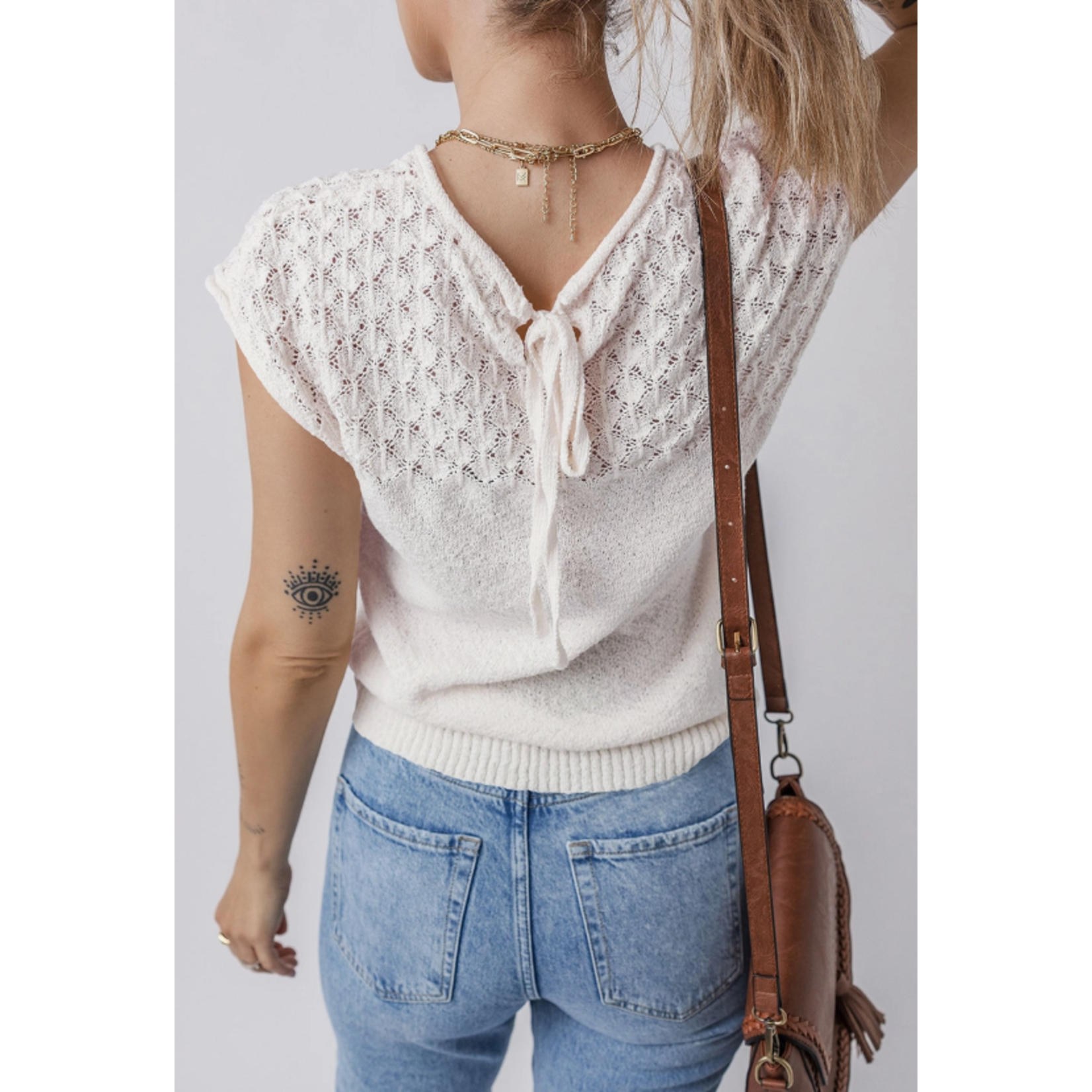 Lovesoft Lovesoft Eyelet Knit Tied Back Short Sleeve Top White