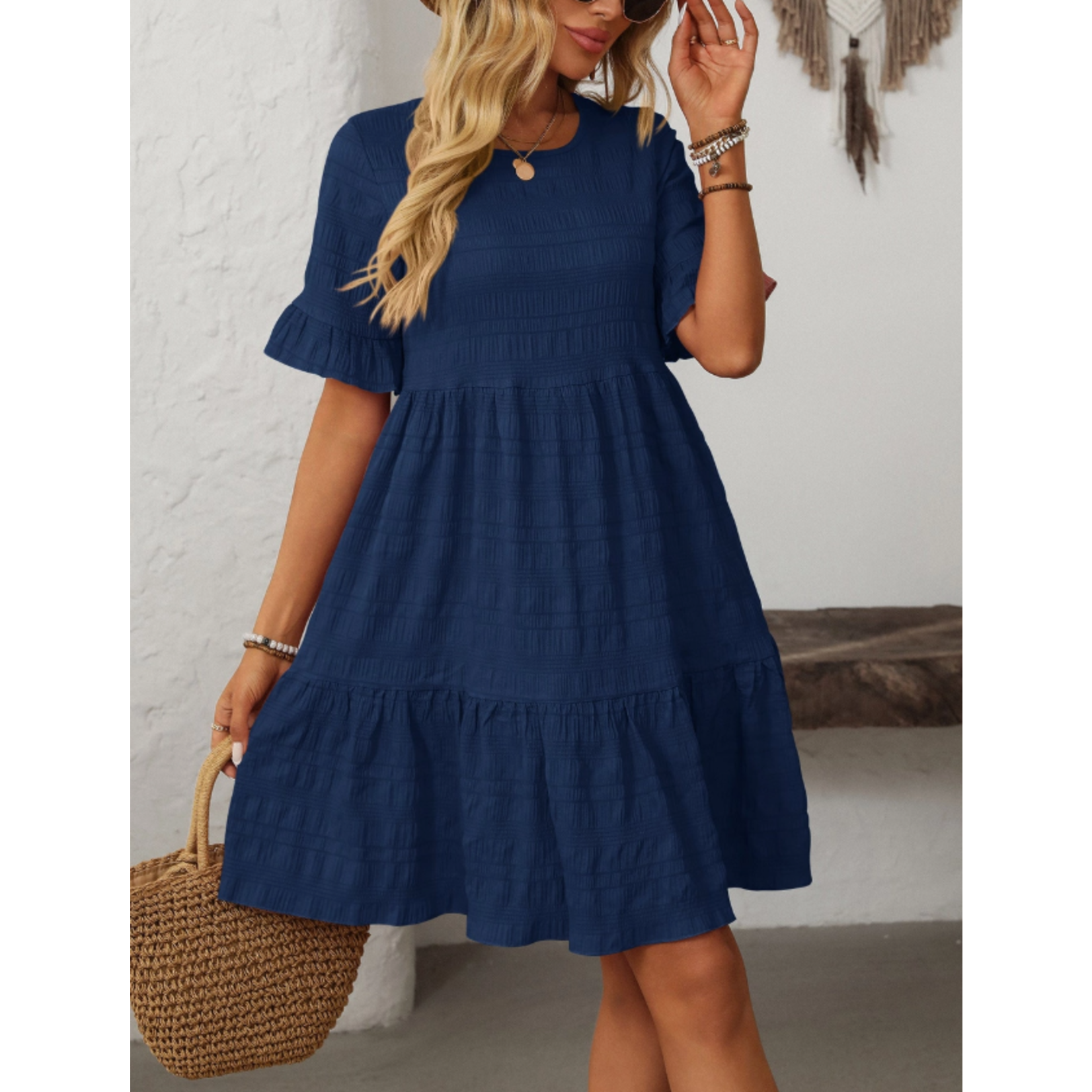 Lovesoft Lovesoft Ruffle Sleeve A Line Tiered Mini Dress Navy Blue
