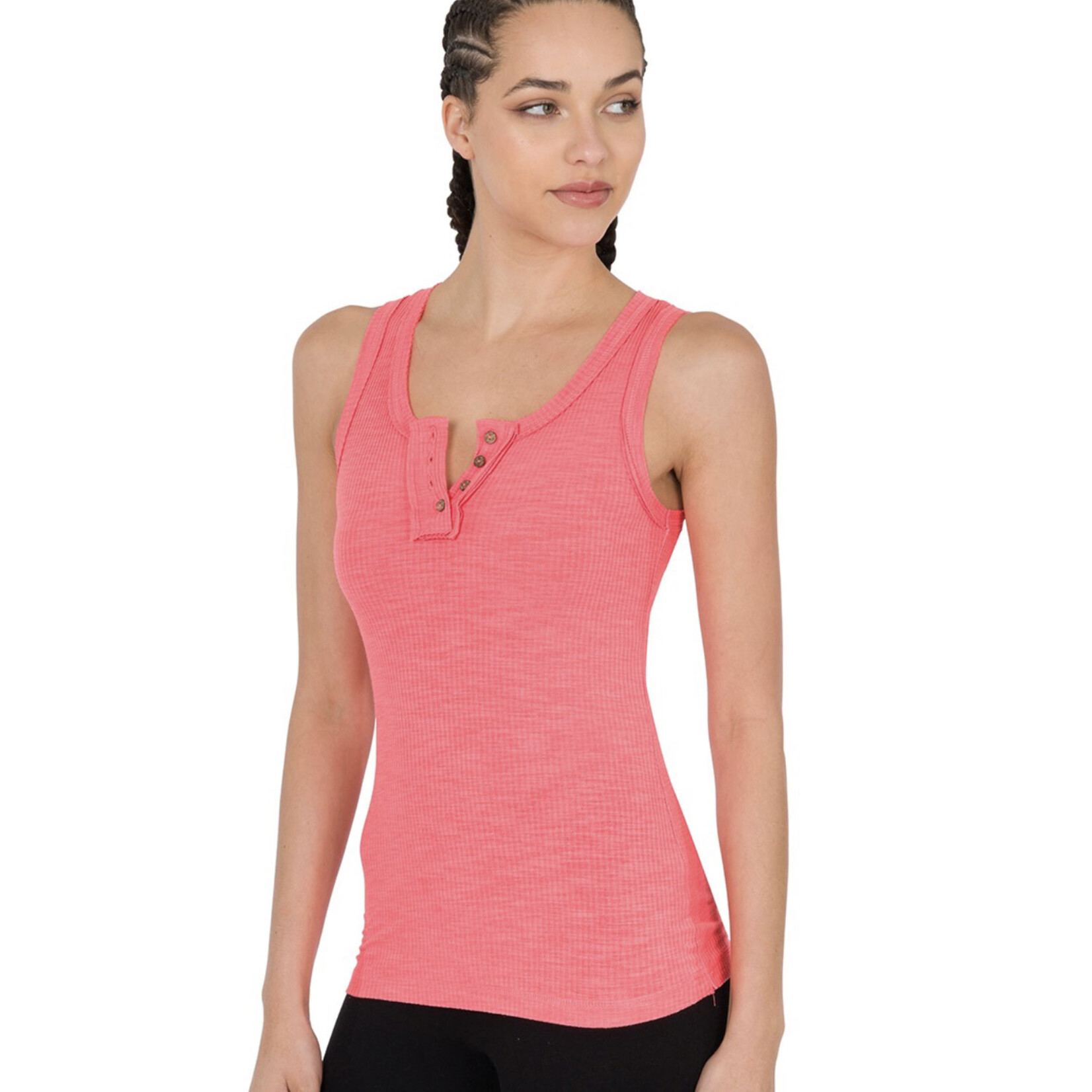 Zenana Zenana Ribbed Tank Top with Button Detail Desert Rose Medium