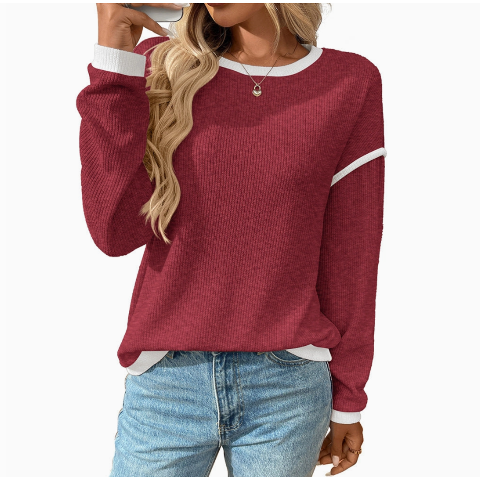Lovesoft Lovesoft Colorblock Crewneck Knit Long Sleeve Pullover Burgandy