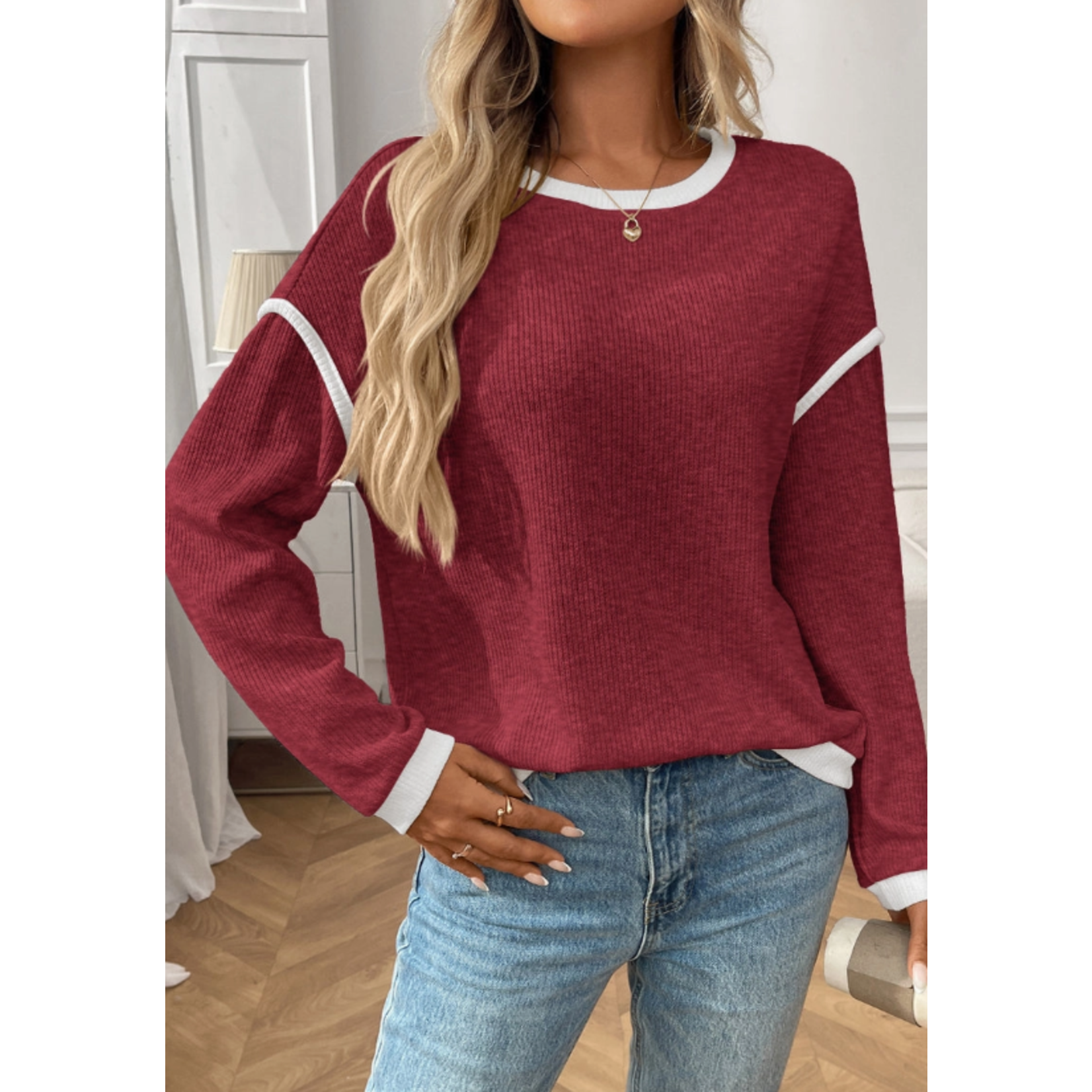 Lovesoft Lovesoft Colorblock Crewneck Knit Long Sleeve Pullover Burgandy