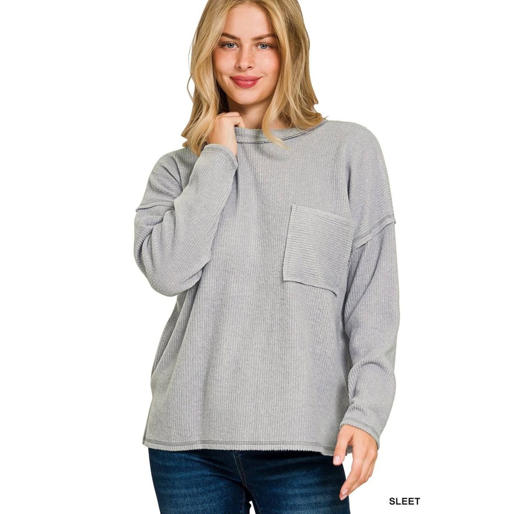 Zenana Zenana Ribbed Brushed Melange Hacci Sweater with Pocket Sleet
