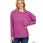 Zenana Zenana Ribbed Brushed Melange Hacci Sweater with Pocket Lt Plum