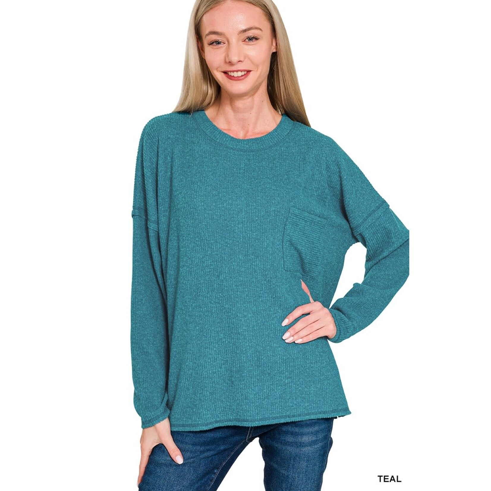 Zenana Zenana Ribbed Brushed Melange Hacci Sweater with Pocket Teal