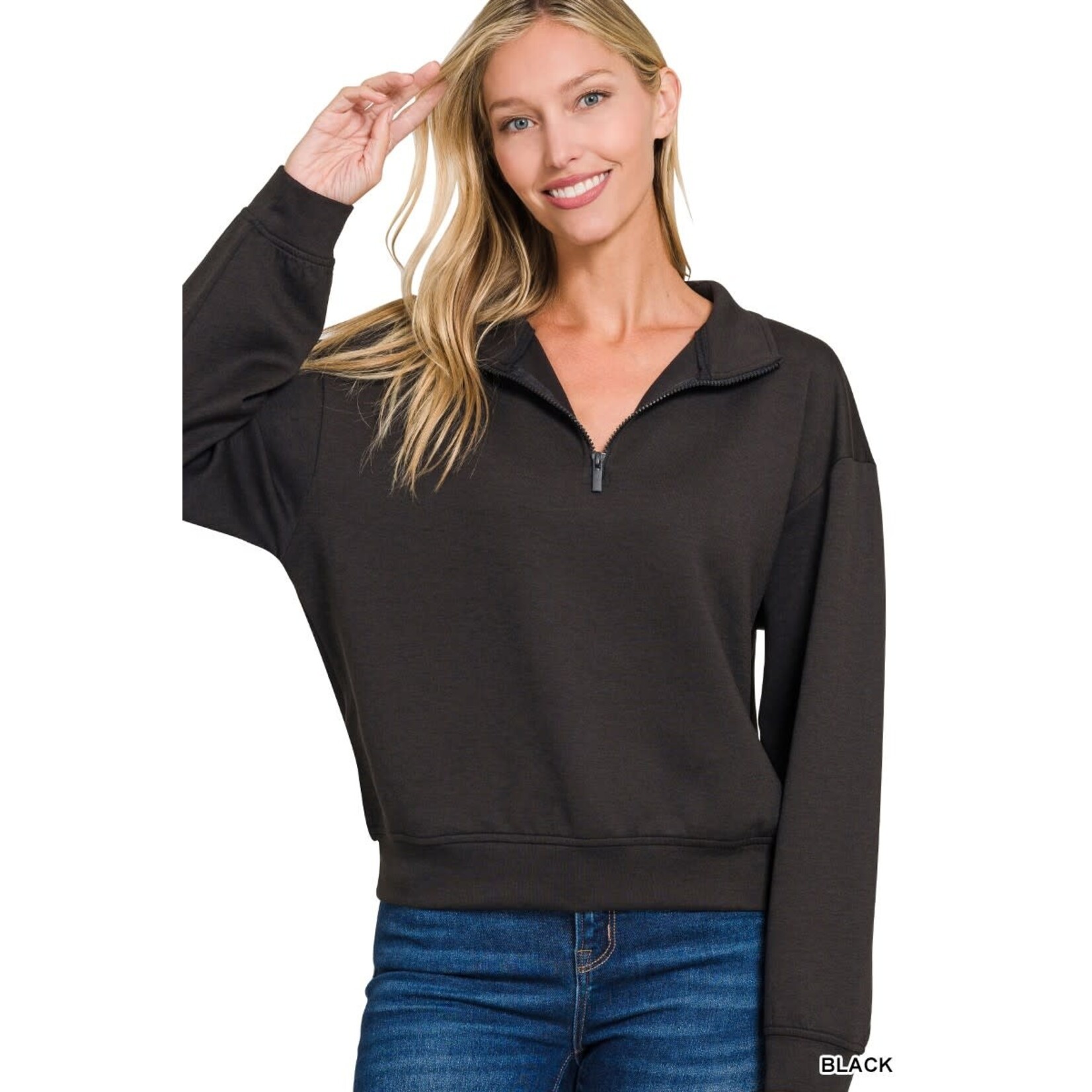 Zenana Zenana Scuba Half Zip Pullover Sweatshirt Black