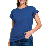 Zenana Zenana Cotton Folded Sleeve T-Shirt Light Navy
