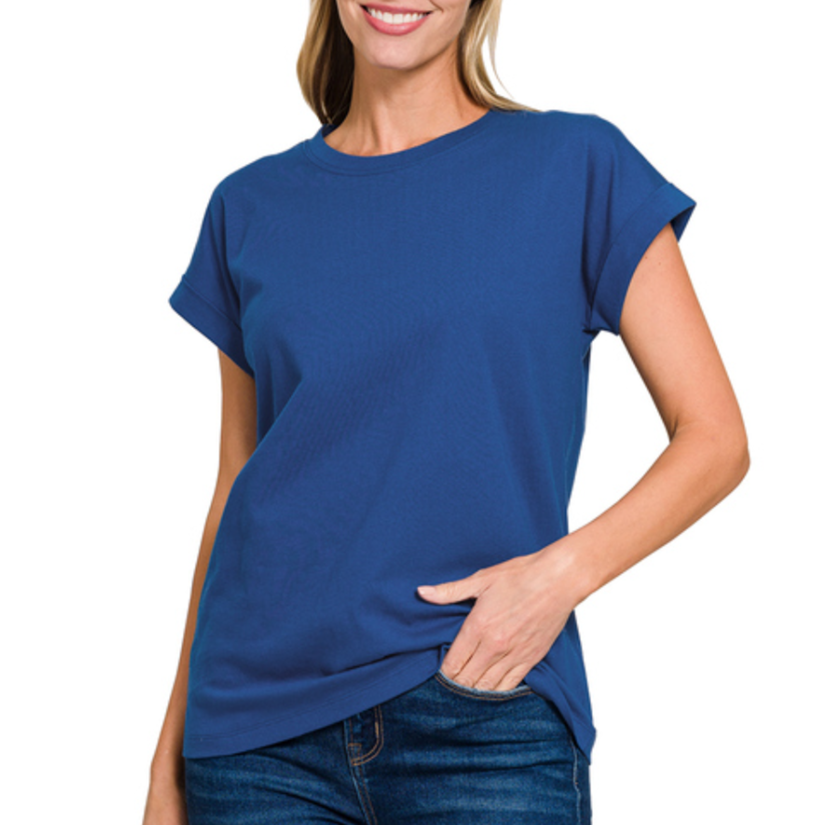 Zenana Zenana Cotton Folded Sleeve T-Shirt Light Navy