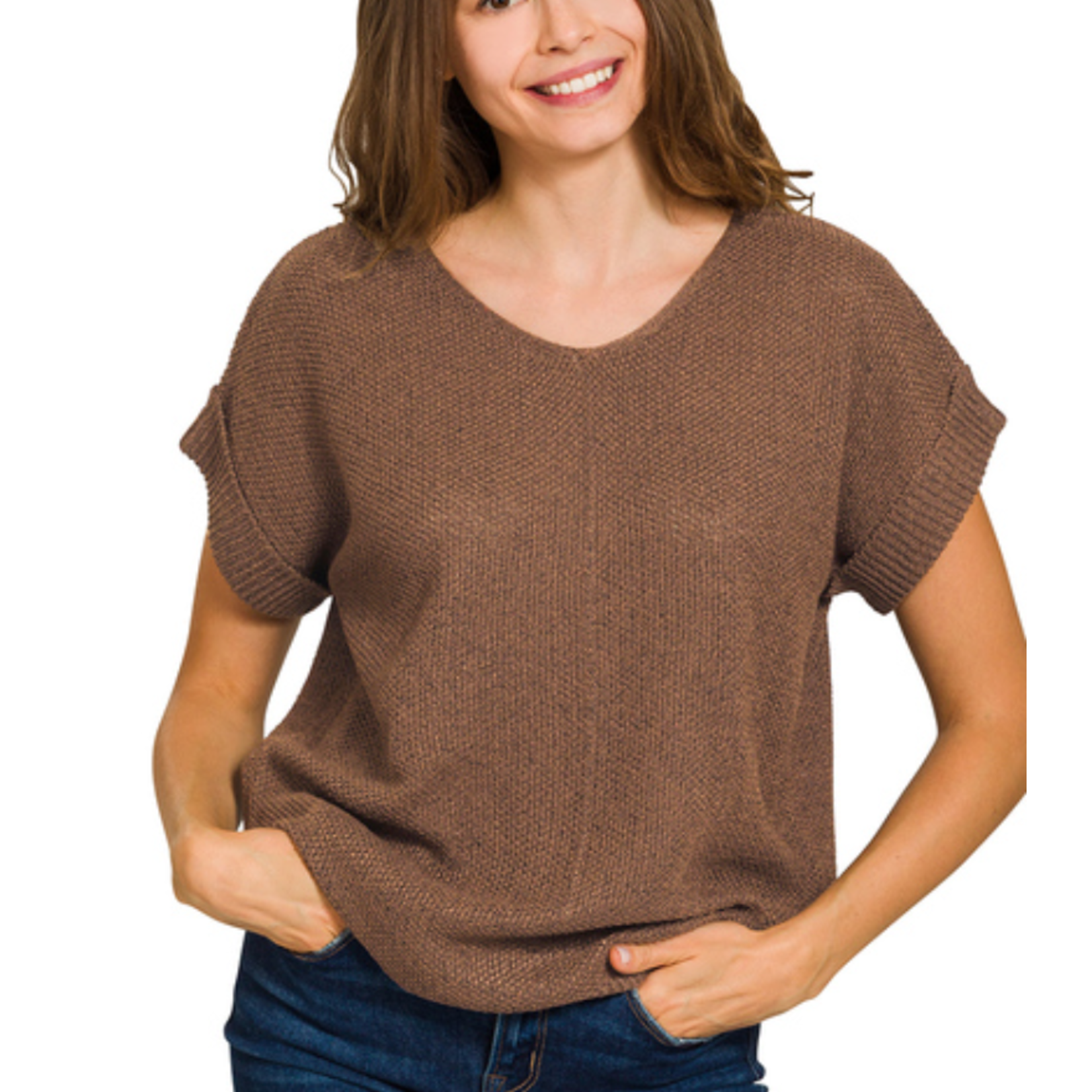 Zenana Zenana Center Seam Short Sleeve Sweater Brown