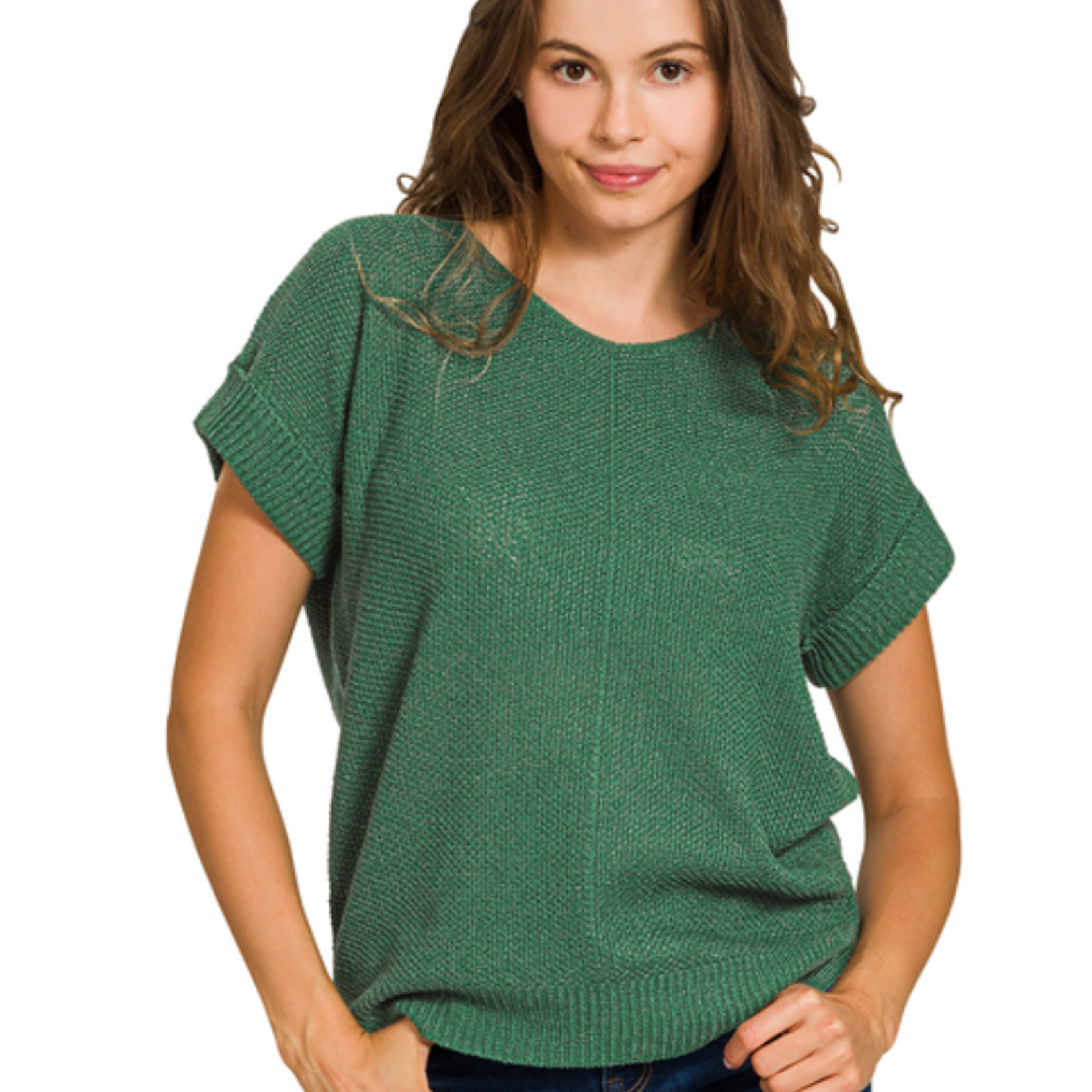 Zenana Zenana Center Seam Short Sleeve Sweater Dark Green