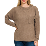 Zenana Zenana Ribbed Brushed Melange Hacci Sweater with Pocket Brown