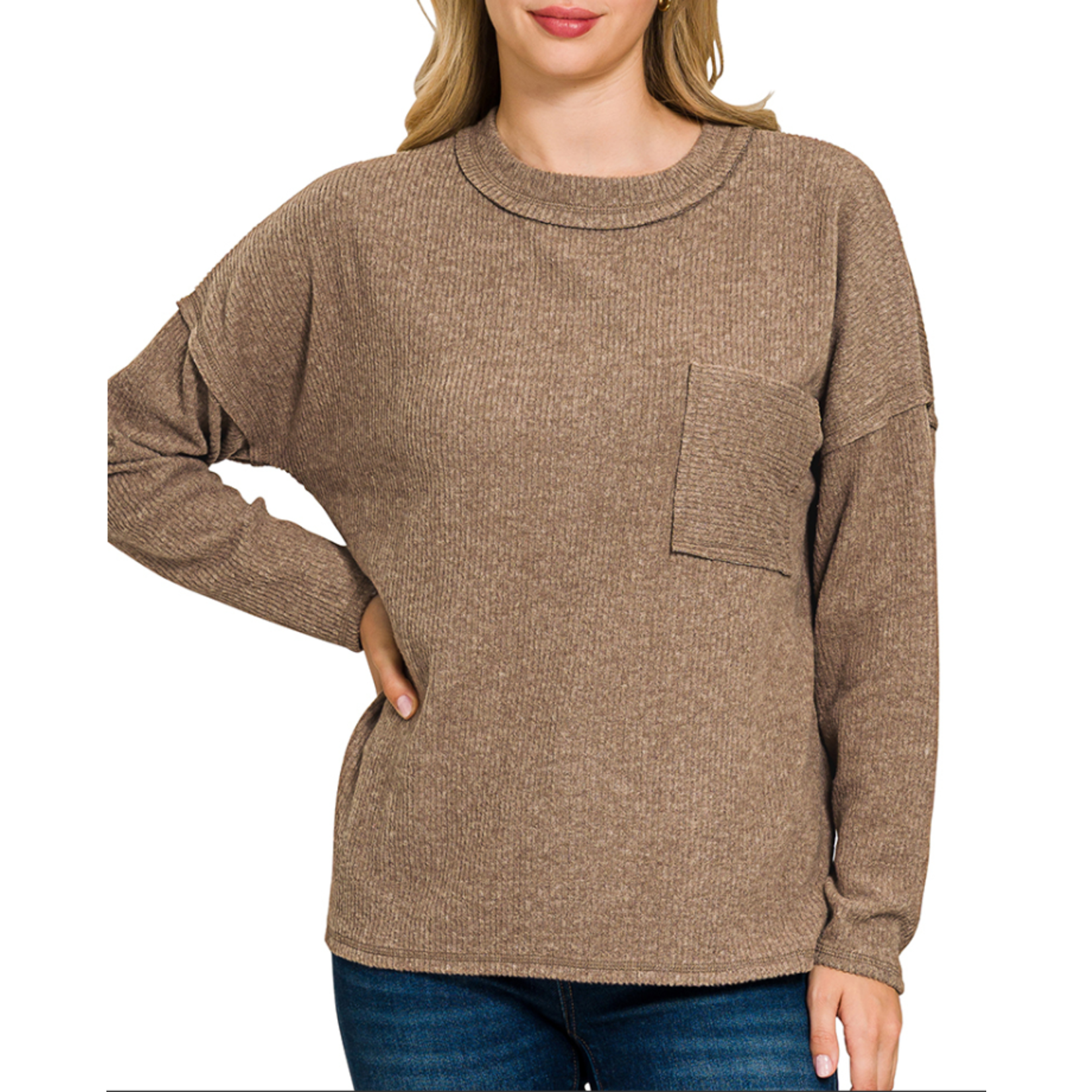 Zenana Zenana Ribbed Brushed Melange Hacci Sweater with Pocket Brown