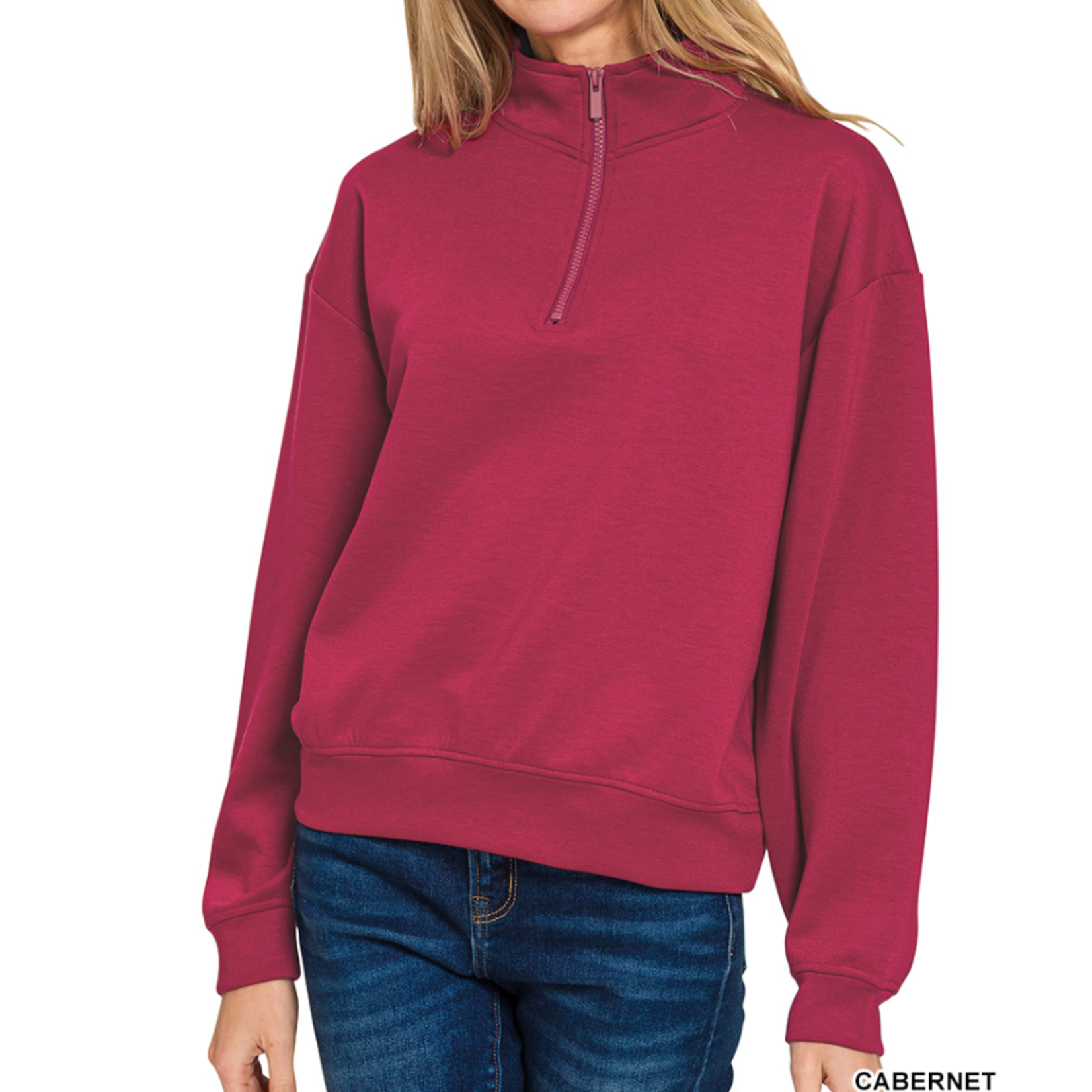 Zenana Zenana Scuba Half Zip Pullover Sweatshirt Cabernet