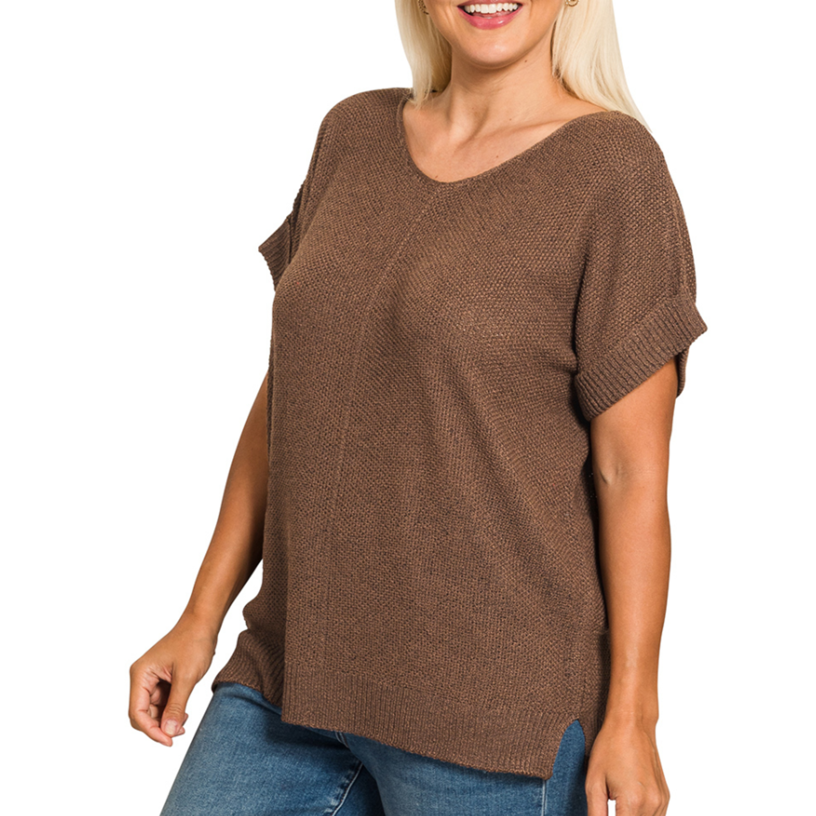Zenana Zenana Center Seam Short Sleeve Sweater Brown