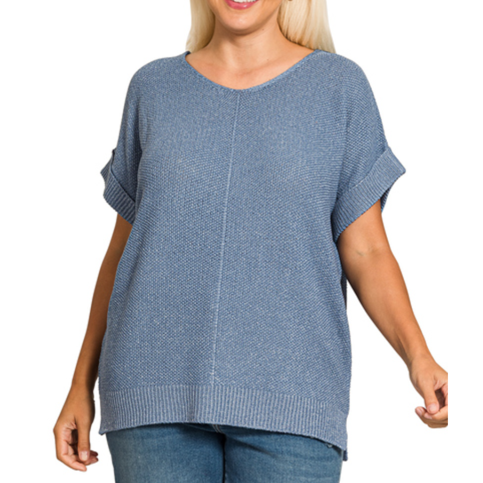 Zenana Zenana Center Seam Short Sleeve Sweater Dusty Blue