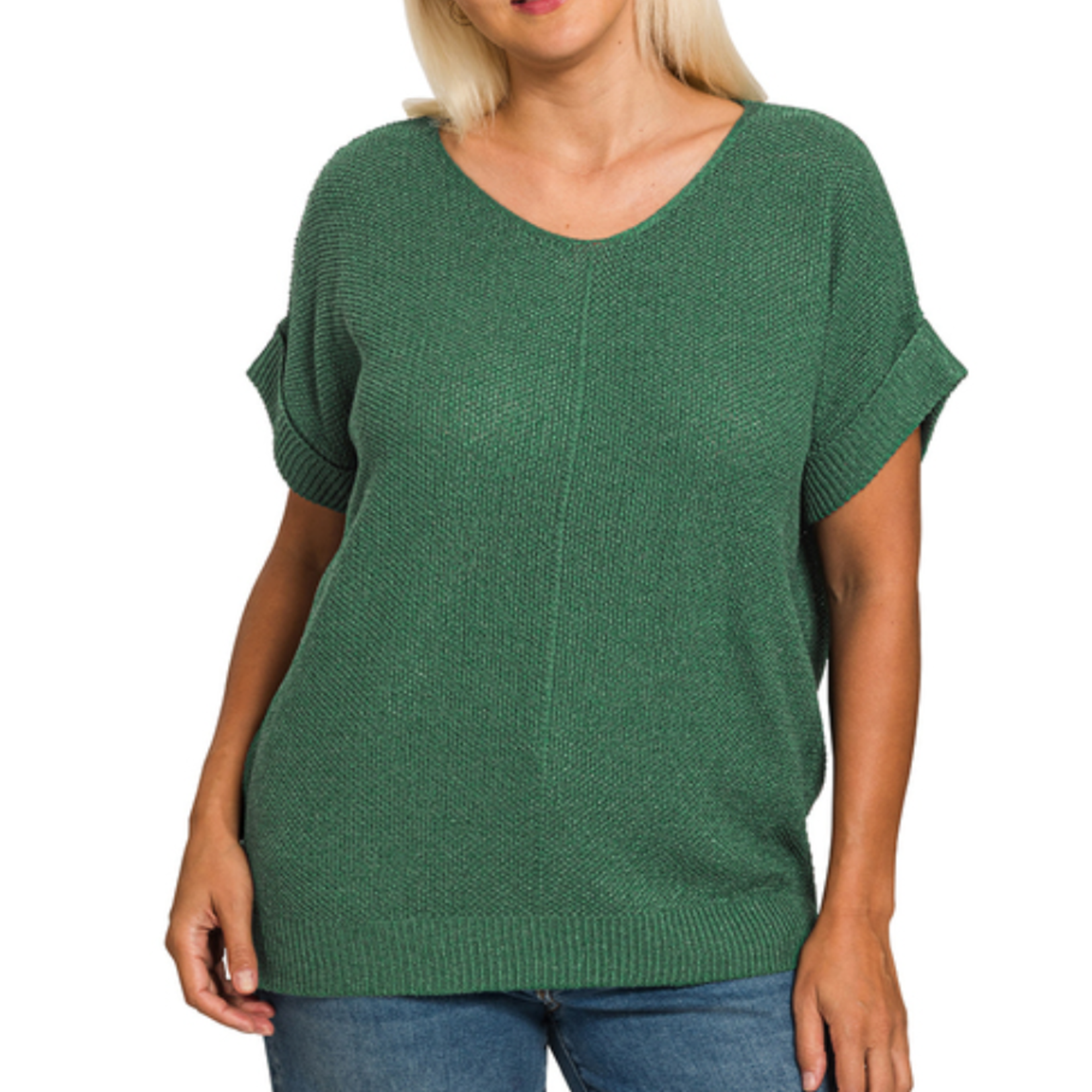 Zenana Zenana Center Seam Short Sleeve Sweater Dark Green