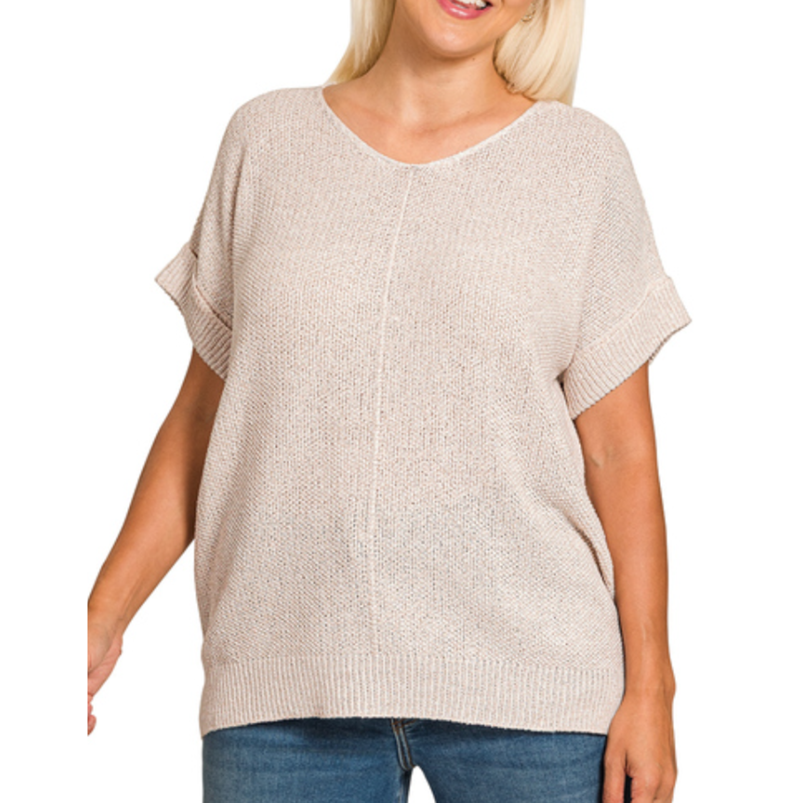 Zenana Zenana Center Seam Short Sleeve Sweater Heather Mocha