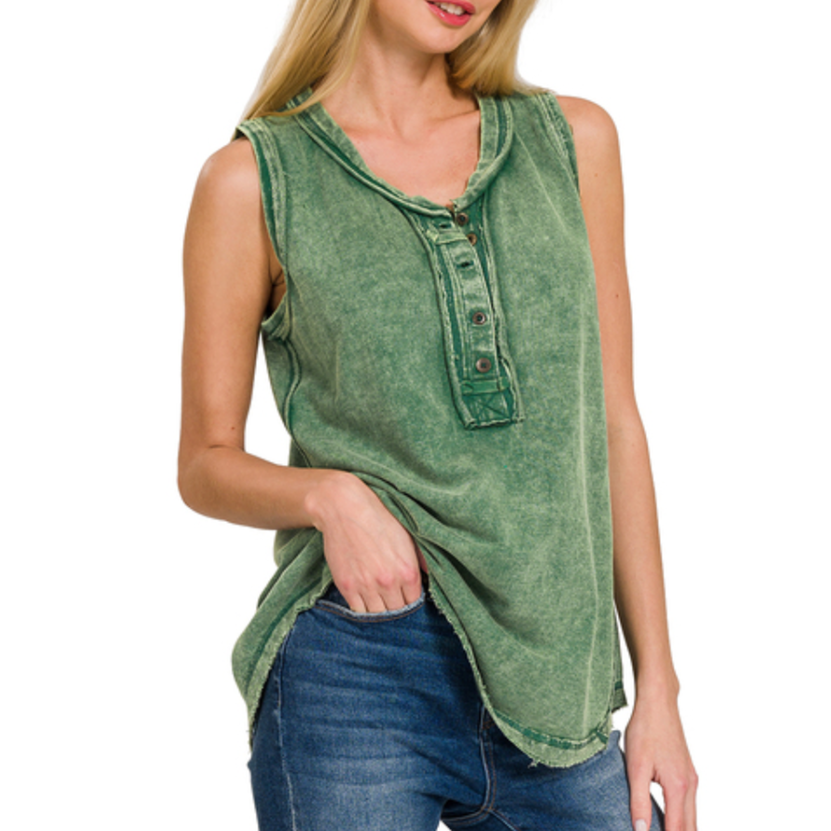 Zenana Zenana Washed Half-Button Sleeveless Henley Dark Green