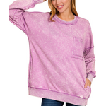 Zenana Zenana Acid Wash Raw Edge Front Pocket Pullover B Violet