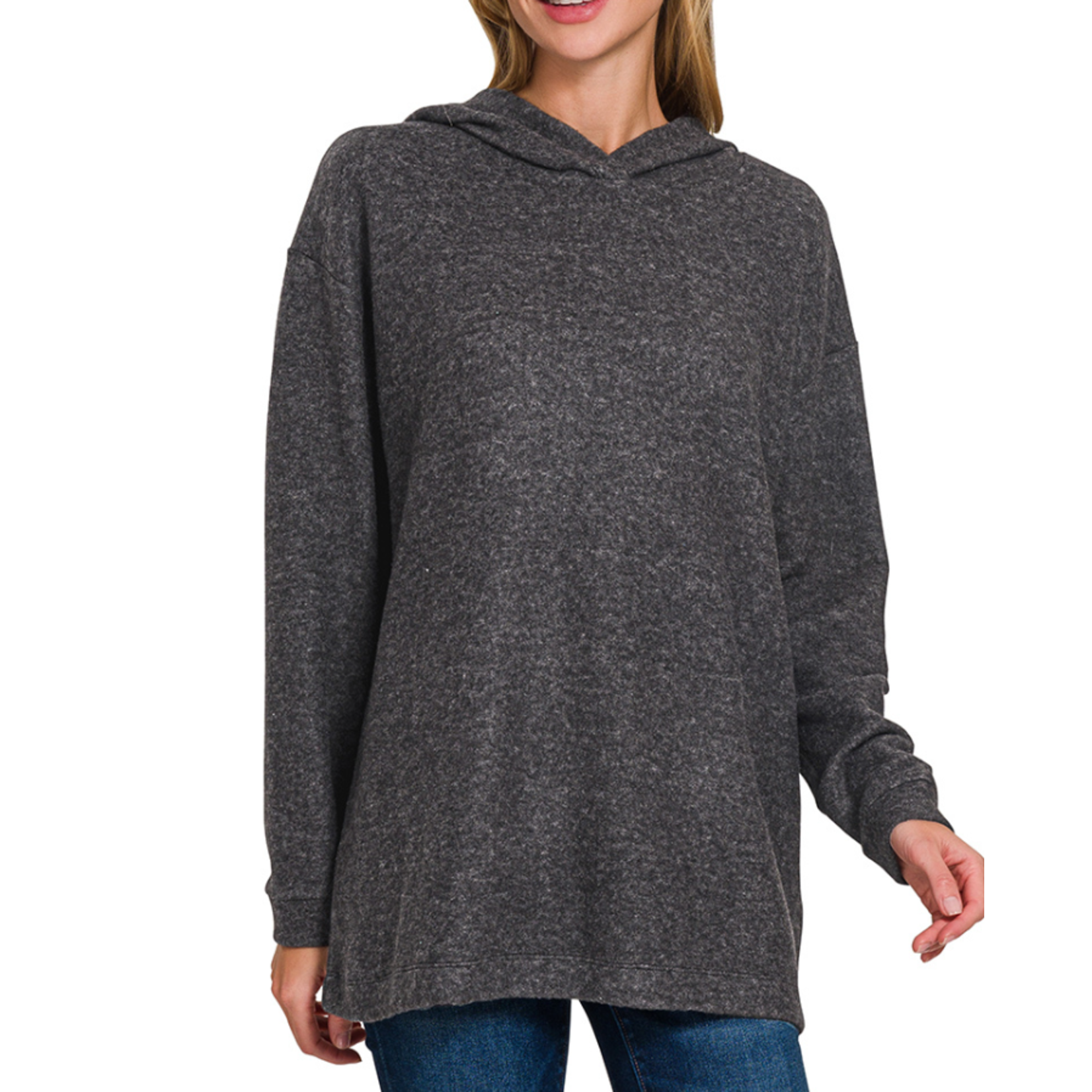 Zenana Zenana Hooded Brushed Melange Hacci Sweater Black