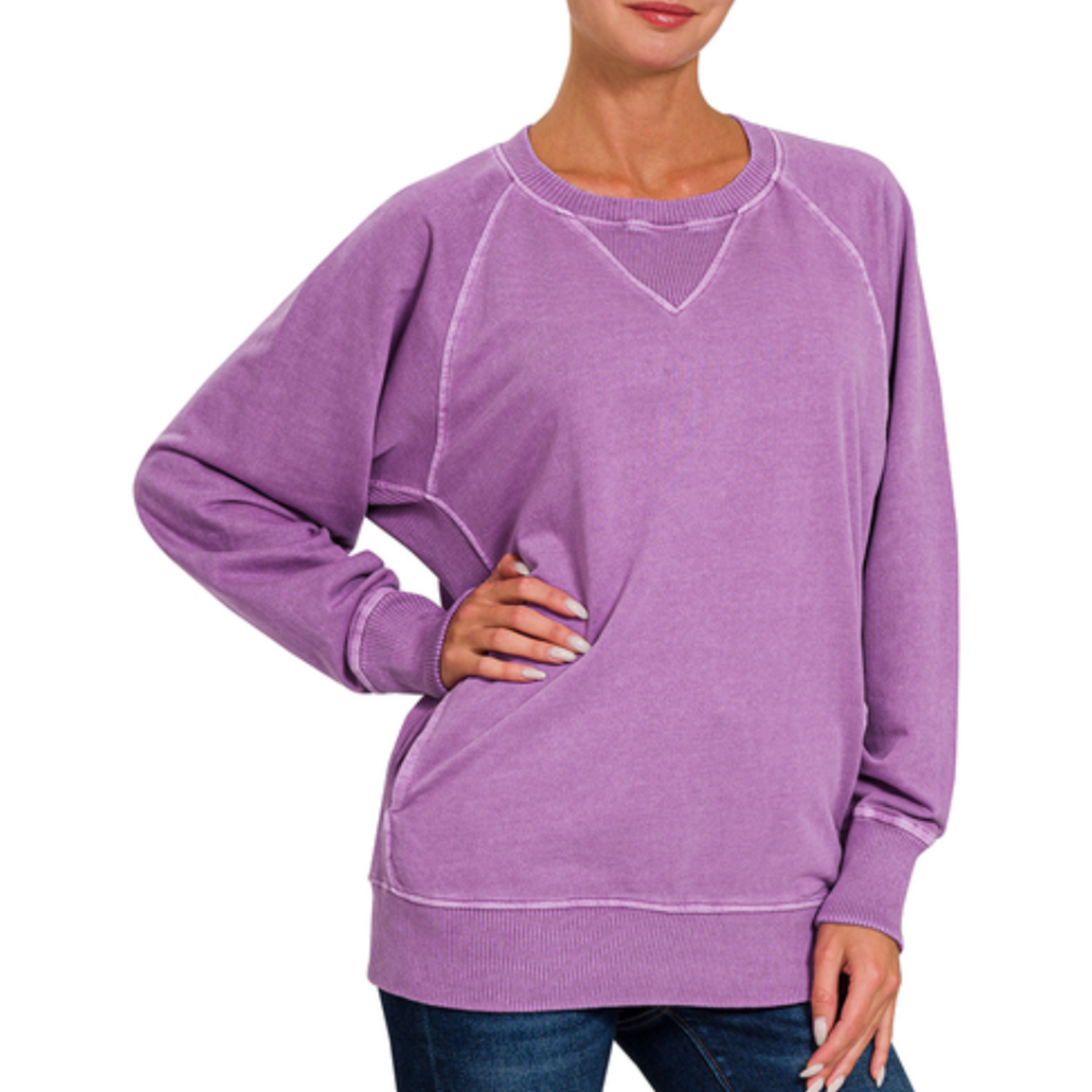 Zenana Zenana Pigment Dyed French Terry Pullover with Pockets Light Plum