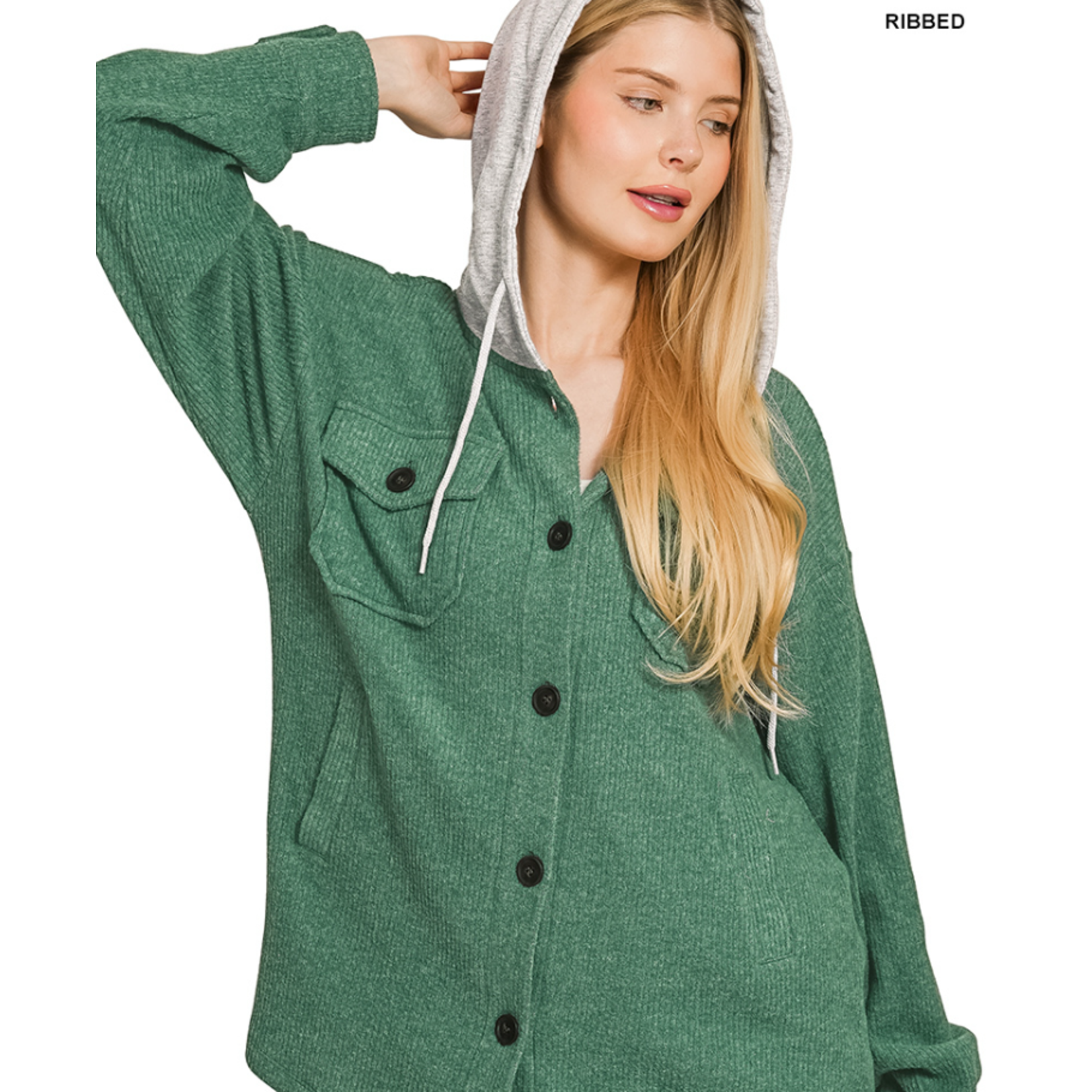 Zenana Zeanana Brushed Ribbed Button Down Shacket Dark Green