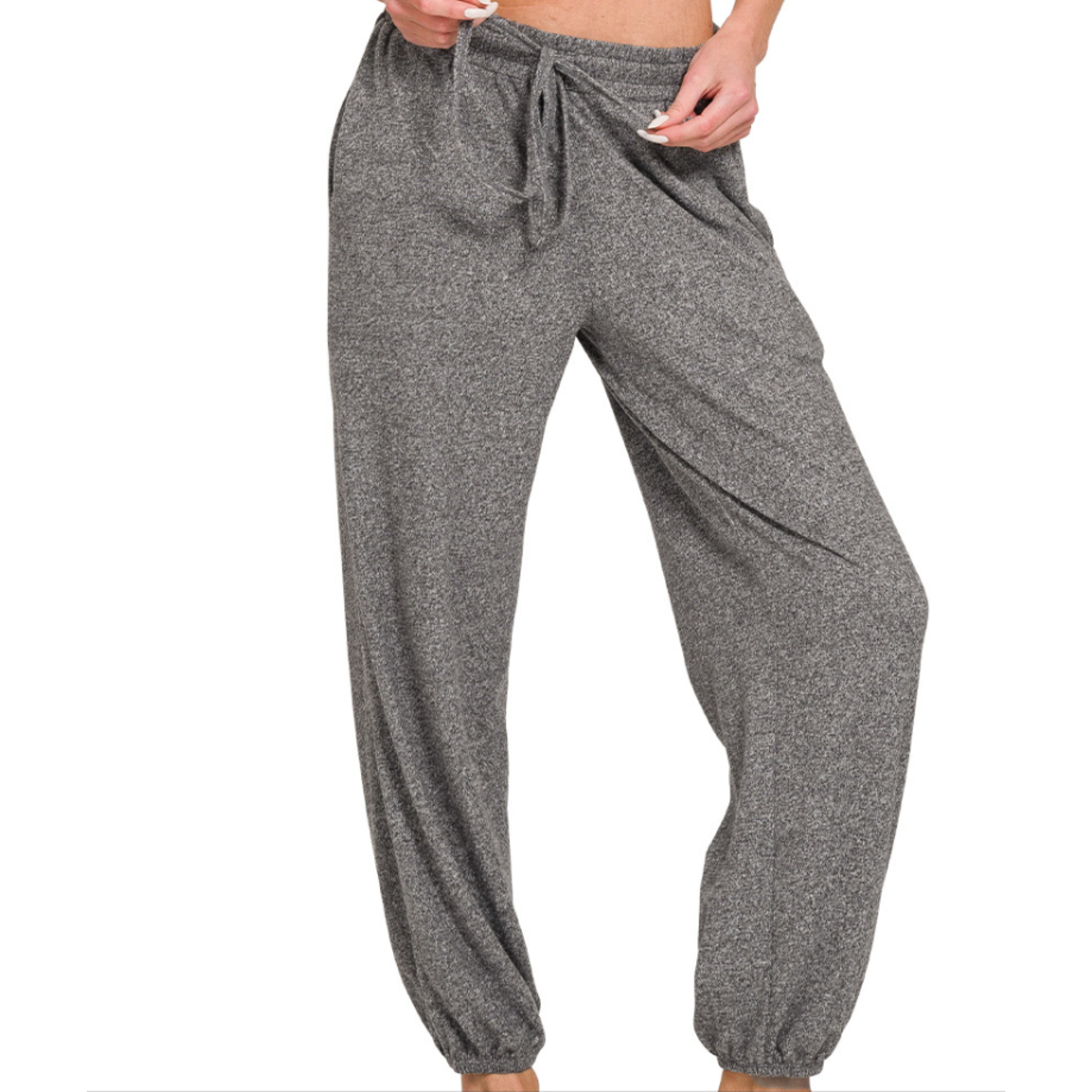 Zenana Zenana Soft Melange Hacci Tie Front Joggers Black