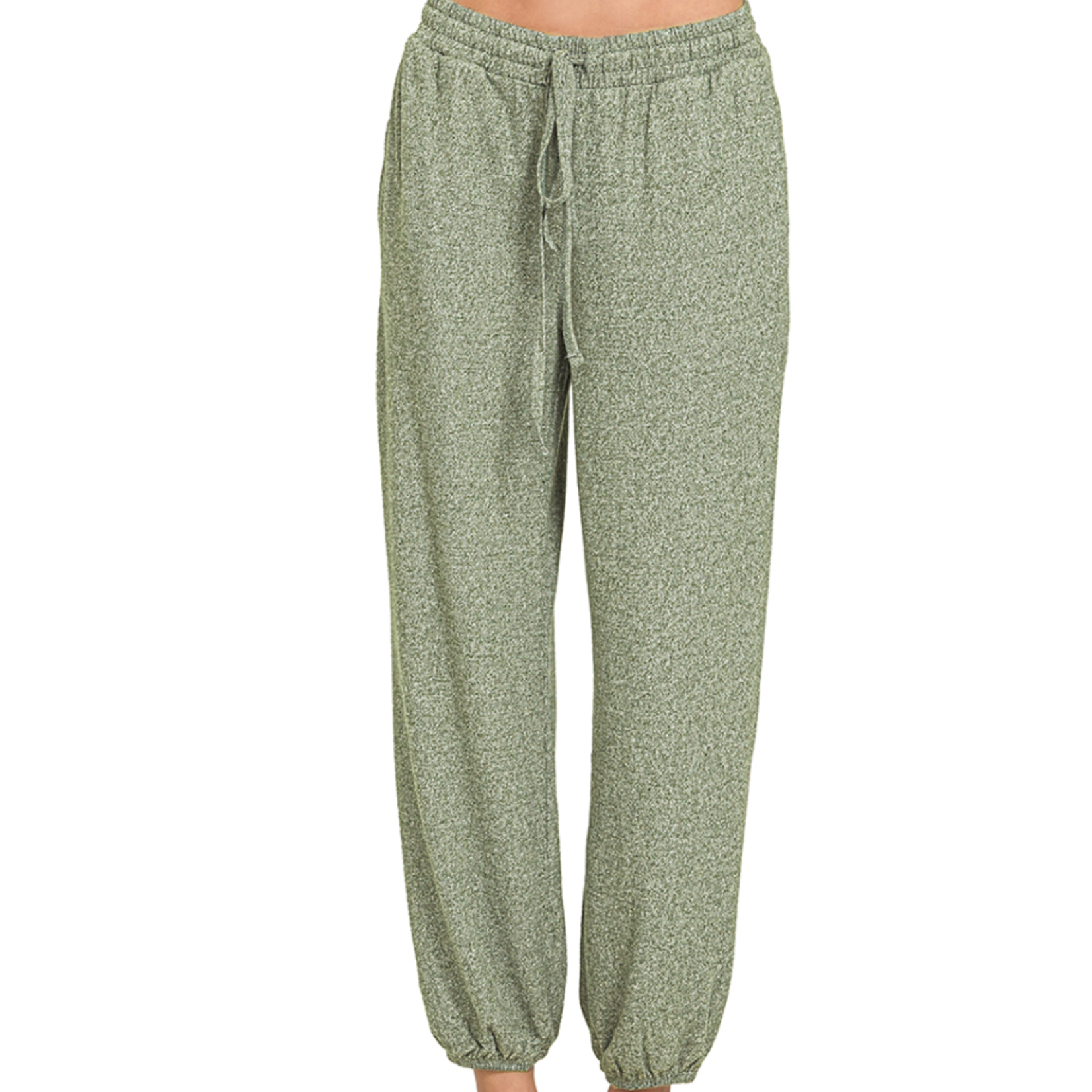 Zenana Zenana Soft Melange Hacci Tie Front Joggers Dark Olive