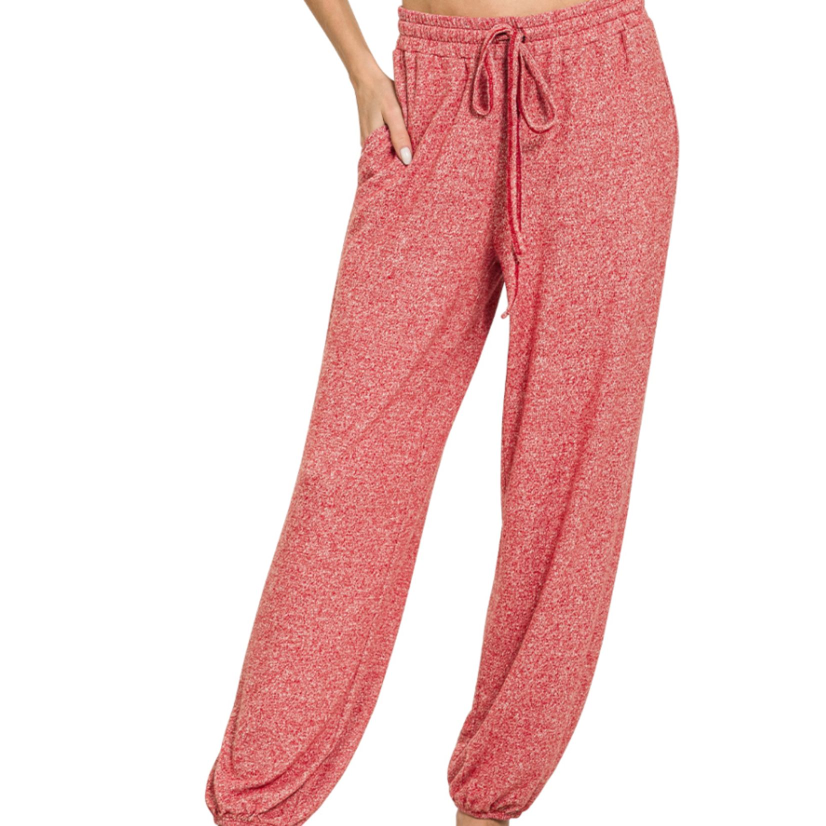 Zenana Zenana Soft Melange Hacci Tie Front Joggers Dark Red