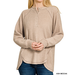 Zenana Zenana Brushed Hacci Oversized 7-Button Henley Sweater Ash Mocha