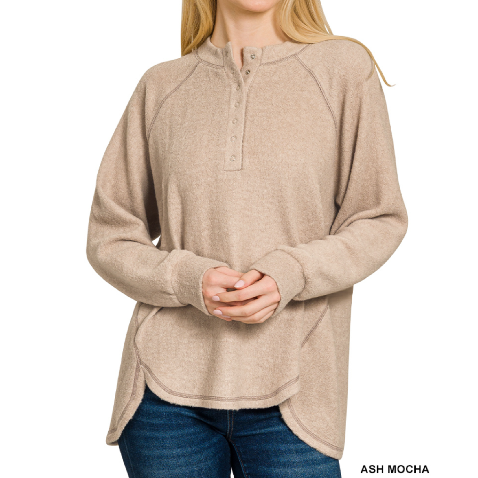 Zenana Zenana Brushed Hacci Oversized 7-Button Henley Sweater Ash Mocha