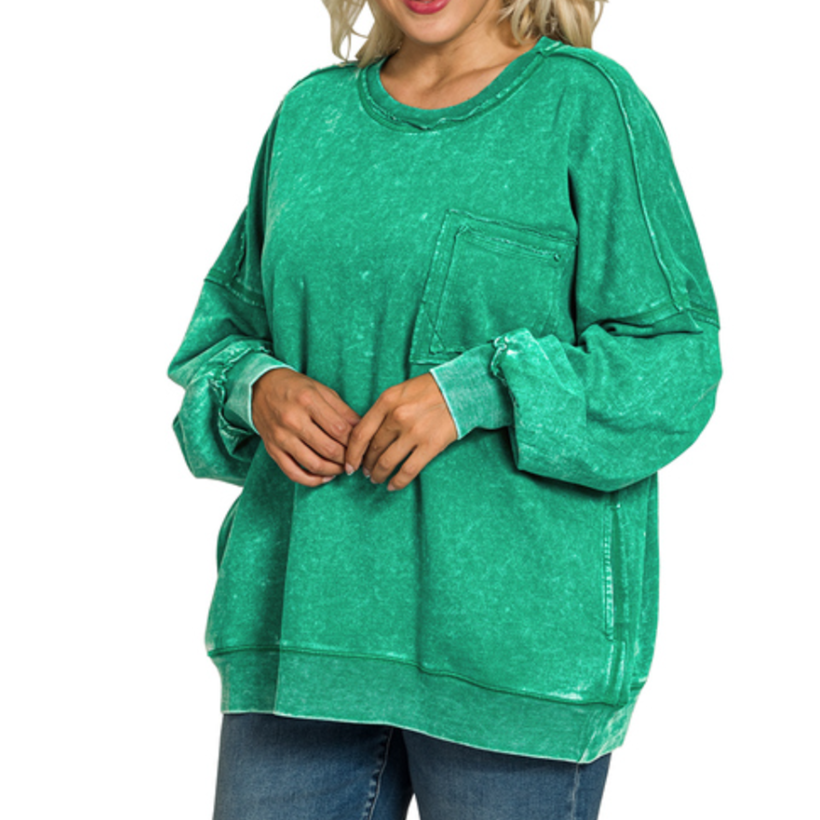 Zenana Zenana Acid Wash Raw Edge Front Pocket Pullover Forest